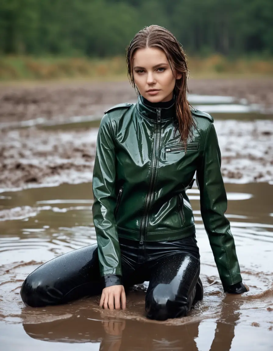 photo of young woman, in soaking wet, drenched clothes,
tight leather boots, skin tight black leather jeans, slim fit green biker leatherjacket, tight light black latex turtleneck sweater,, lying on mud in heavy rain, 
enjoying, wet clothes stuck to body,
detailed textures of the wet clothes, wet face, wet plastered hair,
wet, drenched, professional, high-quality details, full body view.
sharp focus, ultra-high pixel detail, realistic, high-quality, full colors, incredibly detailed, 4k, 8k, 16k, hyper-realistic, RAW photo, masterpiece, ultra-detailed, professionally color graded, professional photograph, white woman, long dripping wet brown hair