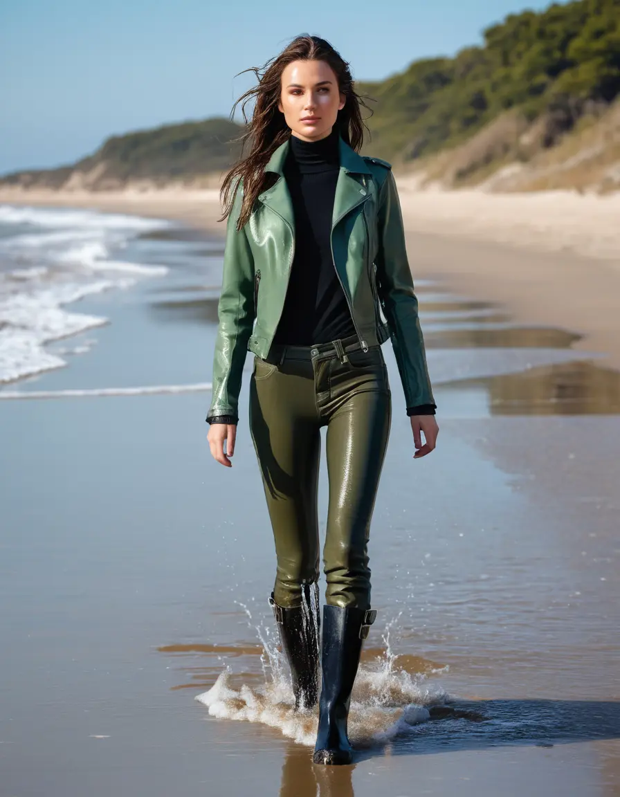photo of young woman, in soaking wet, drenched clothes,
tight leather boots, skin tight black leather jeans, slim fit green biker leatherjacket, tight light black latex turtleneck sweater,, walking on the sand at a sunny beach, 
enjoying, wet clothes stuck to body,
detailed textures of the wet clothes, wet face, wet plastered hair,
wet, drenched, professional, high-quality details, full body view.
sharp focus, ultra-high pixel detail, realistic, high-quality, full colors, incredibly detailed, 4k, 8k, 16k, hyper-realistic, RAW photo, masterpiece, ultra-detailed, professionally color graded, professional photograph, white woman, long dripping wet brown hair