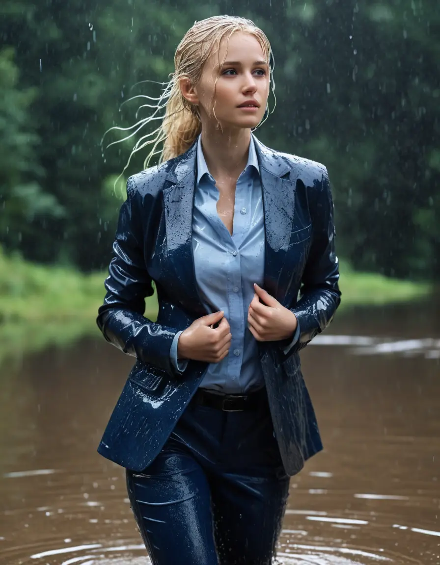 photo of young woman, in soaking wet, drenched clothes,
Dark Blue Business Trouser, Dark Blue Business Suit Jacket with Light Blue button down business shirt longsleeve, Clear Mountain lake with heavy rain, 
enjoying, wet clothes stuck to body,
detailed textures of the wet clothes, wet face, wet plastered hair,
wet, drenched, professional, high-quality details, full body view.
sharp focus, ultra-high pixel detail, realistic, high-quality, full colors, incredibly detailed, 4k, 8k, 16k, hyper-realistic, RAW photo, masterpiece, ultra-detailed, professionally color graded, professional photograph, young elegant white blonde haired beautiful women, breast deep submerged, under a big rainshower, fully clothed, completely soaked, fully drenched, completely wet, wetlook, heavy rain, side parting, open hair, long hair, rain storm, looks confidently into camera