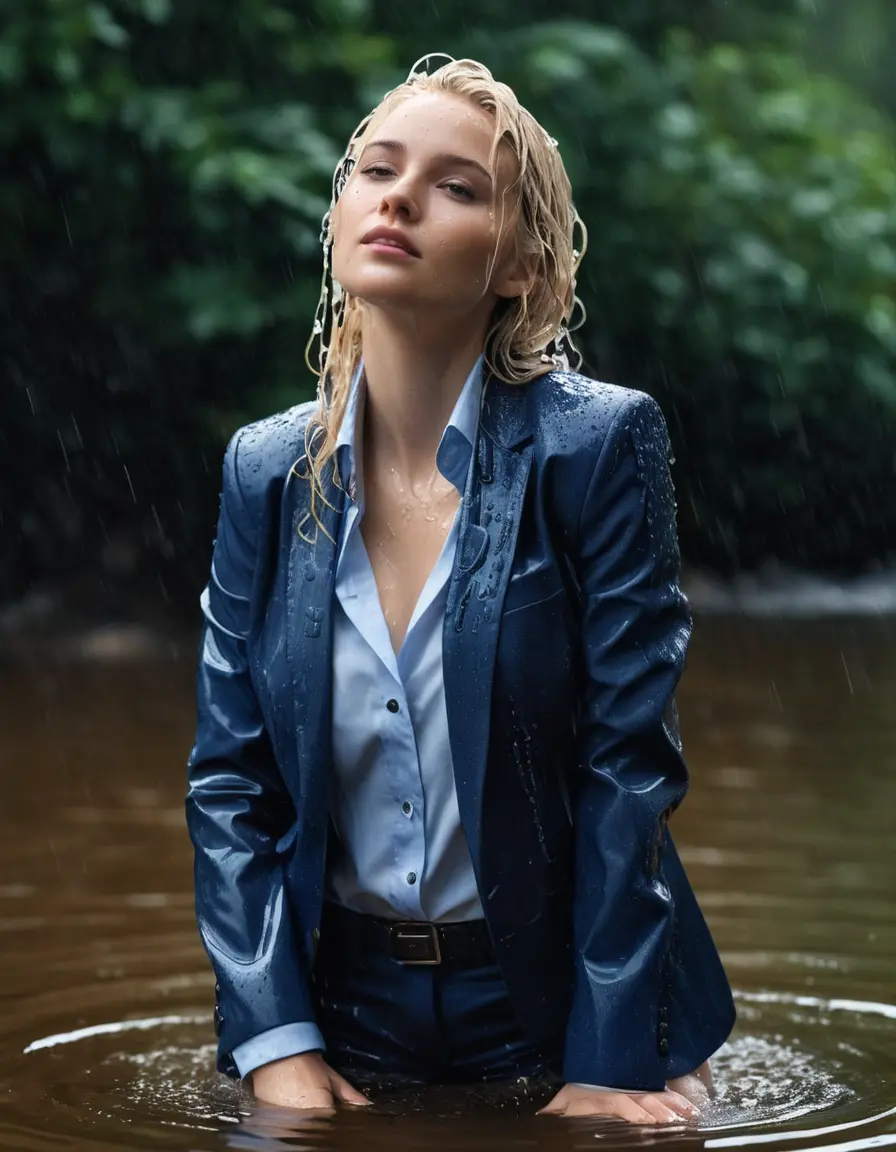 photo of young woman, in soaking wet, drenched clothes,
Dark Blue Business Trouser, Dark Blue Business Suit Jacket with Light Blue button down business shirt longsleeve, Clear Mountain lake with heavy rain, 
enjoying, wet clothes stuck to body,
detailed textures of the wet clothes, wet face, wet plastered hair,
wet, drenched, professional, high-quality details, full body view.
sharp focus, ultra-high pixel detail, realistic, high-quality, full colors, incredibly detailed, 4k, 8k, 16k, hyper-realistic, RAW photo, masterpiece, ultra-detailed, professionally color graded, professional photograph, young elegant white blonde haired beautiful women, breast deep submerged, under a big rainshower, fully clothed, completely soaked, fully drenched, completely wet, wetlook, heavy rain, side parting, open hair, long hair, rain storm, looks confidently into camera