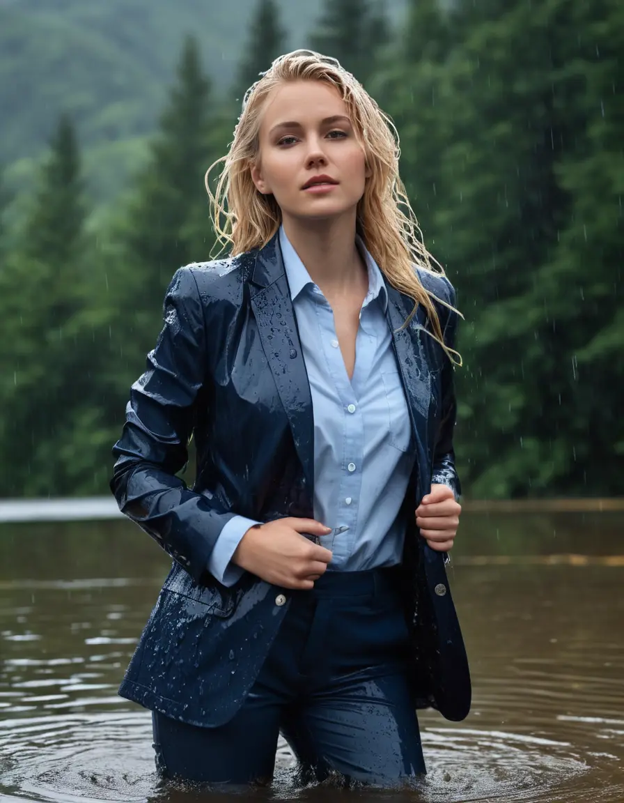 photo of young woman, in soaking wet, drenched clothes,
Dark Blue Business Trouser, Dark Blue Business Suit Jacket with Light Blue button down business shirt longsleeve, Clear Mountain lake with heavy rain, 
enjoying, wet clothes stuck to body,
detailed textures of the wet clothes, wet face, wet plastered hair,
wet, drenched, professional, high-quality details, full body view.
sharp focus, ultra-high pixel detail, realistic, high-quality, full colors, incredibly detailed, 4k, 8k, 16k, hyper-realistic, RAW photo, masterpiece, ultra-detailed, professionally color graded, professional photograph, young elegant white blonde haired beautiful women, breast deep submerged, under a big rainshower, fully clothed, completely soaked, fully drenched, completely wet, wetlook, heavy rain, side parting, open hair, long hair, rain storm, looks confidently into camera