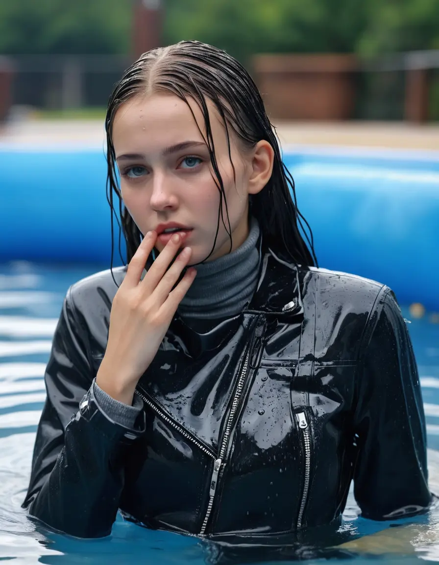 photo of young woman, in soaking wet, drenched clothes,
ankle boots , super skin tight denim jeans, slim fit black biker leatherjacket, tight grey knit turtleneck sweater, handbag , fifteen years old horny blonde teenage girl with her girlfriend holds her hand over her mouth and nose lies completely submerged in pool partly underwater up to the neck at party in a crowded waterpark, completely wet from the rain, open mouth, big eyes, 
enjoying, wet clothes stuck to body,
detailed textures of the wet clothes, wet face, wet plastered hair,
wet, drenched, professional, high-quality details, full body view.
sharp focus, ultra-high pixel detail, realistic, high-quality, full colors, incredibly detailed, 4k, 8k, 16k, hyper-realistic, RAW photo, masterpiece, ultra-detailed, professionally color graded, professional photograph, fifteen years old, completely soaked, completely dripping wet, very wet clothes, sleek long straight hair, sleek pigtails, worried and embarrassed facial expression, slight yawn, moaning,  all girls wear different styles of clothes, take a handbag into the water, a lot of people stands in the background, close-up, view from above, highly realistic representation, ultra sharp focus, highly photorealistic detailed facial features and expressions, highly photorealistic hands, highly best quality, highly sharp photorealistic image, highly photorealistic details, highest photorealistic wet clothes, full UHD resolution, highest photorealistic sharpness of the image, 32 K