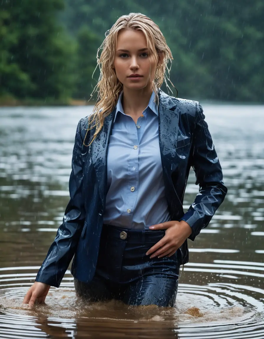 photo of young woman, in soaking wet, drenched clothes,
Dark Blue Business Trouser, Dark Blue Business Suit Jacket with Light Blue button down business shirt longsleeve, Clear Mountain lake with heavy rain, 
enjoying, wet clothes stuck to body,
detailed textures of the wet clothes, wet face, wet plastered hair,
wet, drenched, professional, high-quality details, full body view.
sharp focus, ultra-high pixel detail, realistic, high-quality, full colors, incredibly detailed, 4k, 8k, 16k, hyper-realistic, RAW photo, masterpiece, ultra-detailed, professionally color graded, professional photograph, young elegant white blonde haired beautiful women, breast deep submerged, under a big rainshower, fully clothed, completely soaked, fully drenched, completely wet, wetlook, heavy rain, side parting, open hair, long hair, rain storm, looks confidently into camera