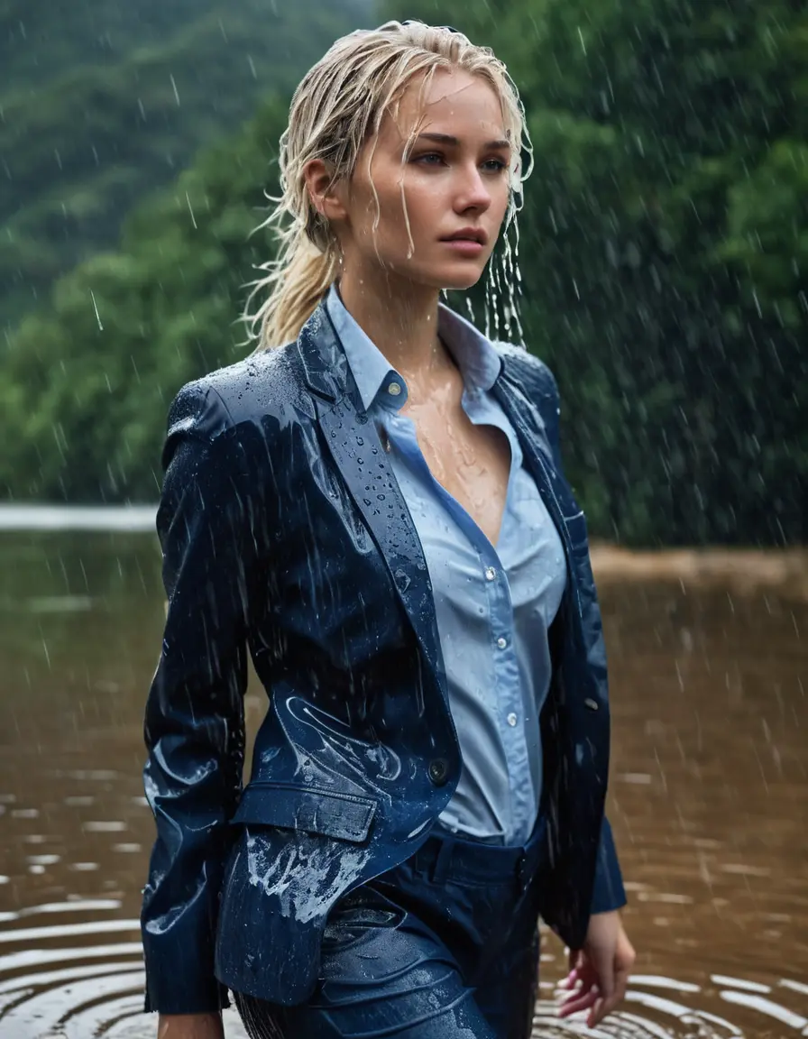photo of young woman, in soaking wet, drenched clothes,
Dark Blue Business Trouser, Dark Blue Business Suit Jacket with Light Blue button down business shirt longsleeve, Clear Mountain lake with heavy rain, 
enjoying, wet clothes stuck to body,
detailed textures of the wet clothes, wet face, wet plastered hair,
wet, drenched, professional, high-quality details, full body view.
sharp focus, ultra-high pixel detail, realistic, high-quality, full colors, incredibly detailed, 4k, 8k, 16k, hyper-realistic, RAW photo, masterpiece, ultra-detailed, professionally color graded, professional photograph, young elegant white blonde haired beautiful women, breast deep submerged, under a big rainshower, fully clothed, completely soaked, fully drenched, completely wet, wetlook, heavy rain, side parting, open hair, long hair, rain storm, looks confidently into camera