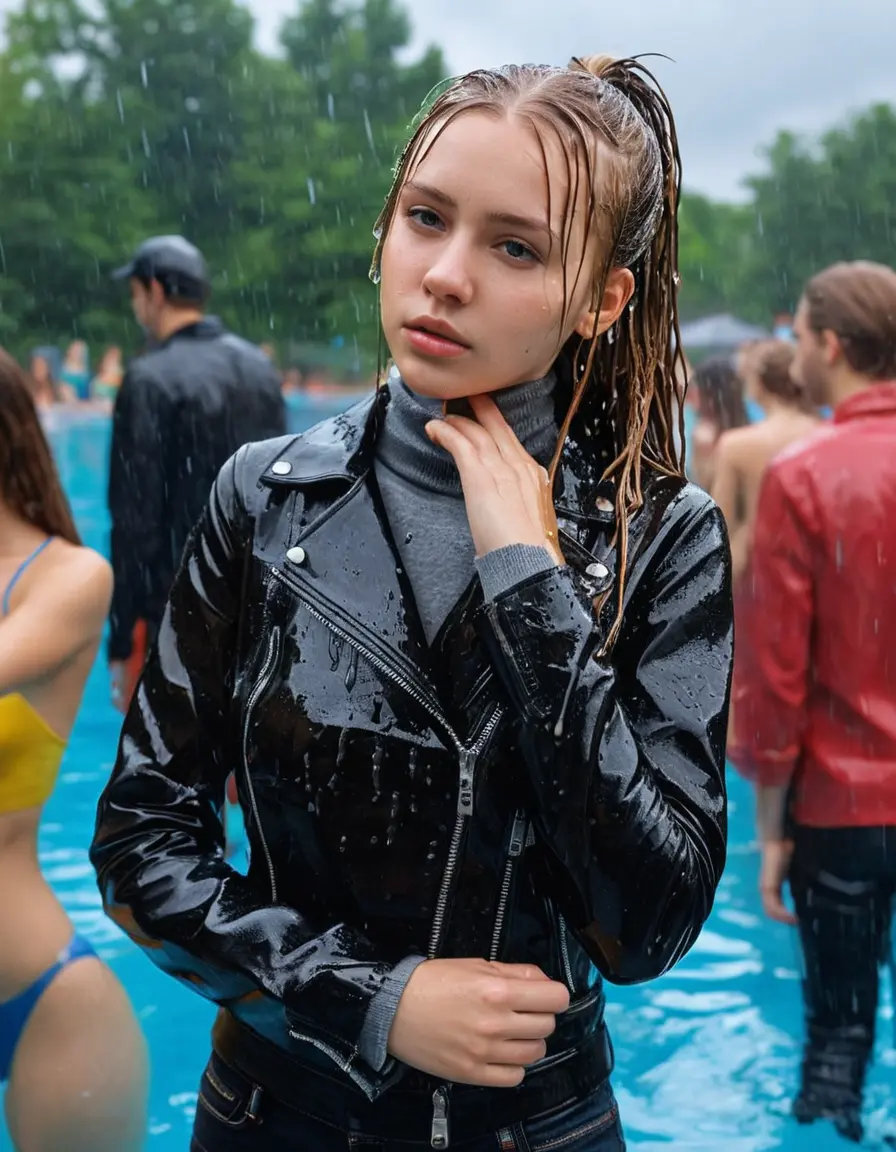 photo of young woman, in soaking wet, drenched clothes,
bare , super skin tight denim jeans, slim fit black biker leatherjacket, tight grey knit turtleneck sweater, handbag , fifteen years old horny blonde teenage girl with her girlfriend holds her hand over her mouth and nose lies completely submerged in pool partly underwater up to the neck at party in a crowded waterpark, completely wet from the rain, open mouth, big eyes, 
enjoying, wet clothes stuck to body,
detailed textures of the wet clothes, wet face, wet plastered hair,
wet, drenched, professional, high-quality details, full body view.
sharp focus, ultra-high pixel detail, realistic, high-quality, full colors, incredibly detailed, 4k, 8k, 16k, hyper-realistic, RAW photo, masterpiece, ultra-detailed, professionally color graded, professional photograph, fifteen years old, completely soaked, completely dripping wet from head to toe, very wet clothes, sleek long straight hair, sleek pigtails, worried and embarrassed facial expression, slight yawn, moaning,  all girls wear different styles of clothes, take a handbag into the water, a lot of people stands in the background, close-up, view from above, highly realistic representation, ultra sharp focus, highly photorealistic detailed facial features and expressions, highly photorealistic hands, highly best quality, highly sharp photorealistic image, highly photorealistic details, highest photorealistic wet clothes, full UHD resolution, highest photorealistic sharpness of the image, 32 K