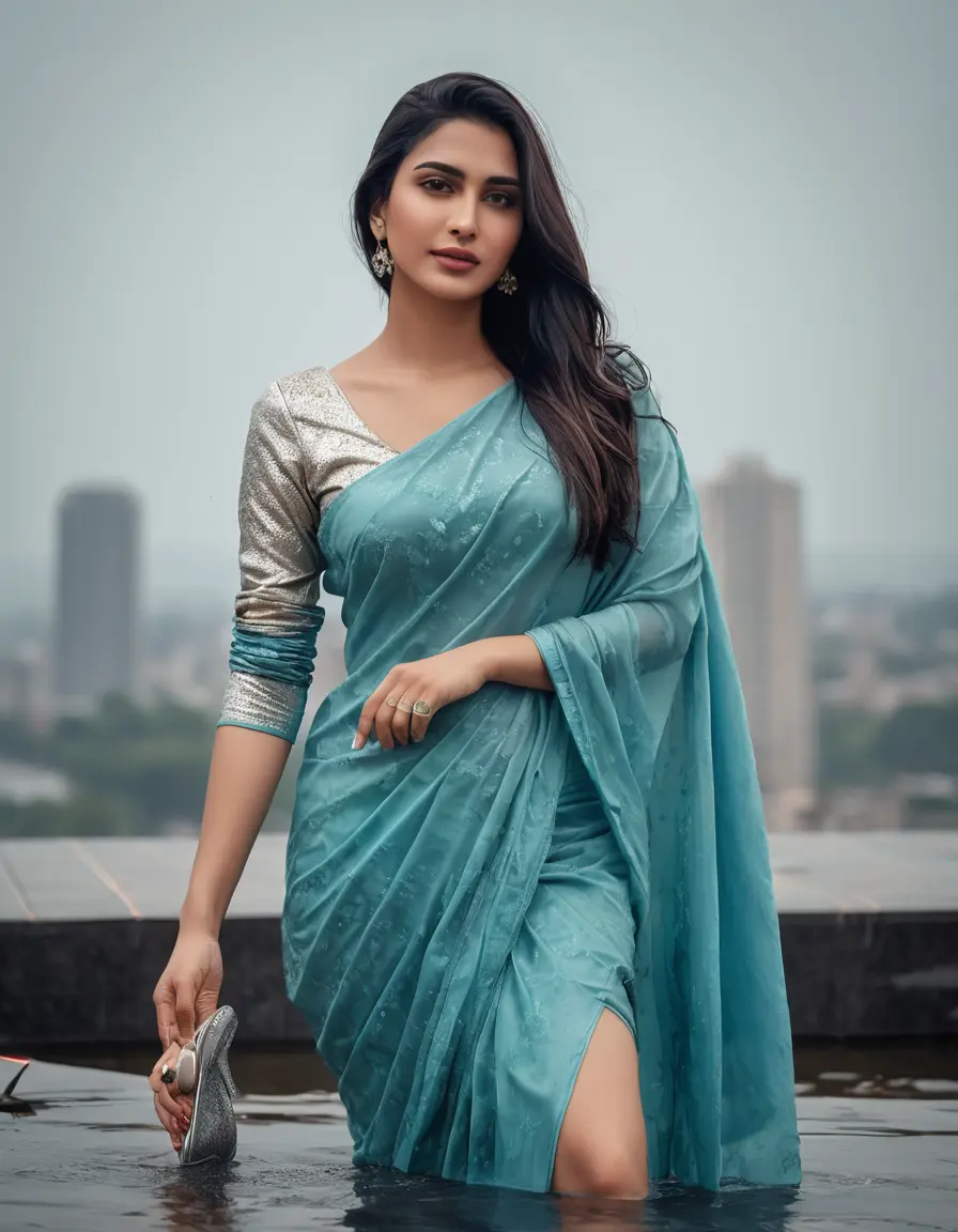 photo of young woman, in soaking wet, drenched clothes,
Stilletto heels, Saree,    Saree skin tight , full sleeve, Luxury pent house, women , 
enjoying, wet clothes stuck to body,
detailed textures of the wet clothes, wet face, wet plastered hair,
wet, drenched, professional, high-quality details, full body view.
sharp focus, ultra-high pixel detail, realistic, high-quality, full colors, incredibly detailed, 4k, 8k, 16k, hyper-realistic, RAW photo, masterpiece, ultra-detailed, professionally color graded, professional photograph, Straight open  wavy hairstyle , ,  wrist watch, 