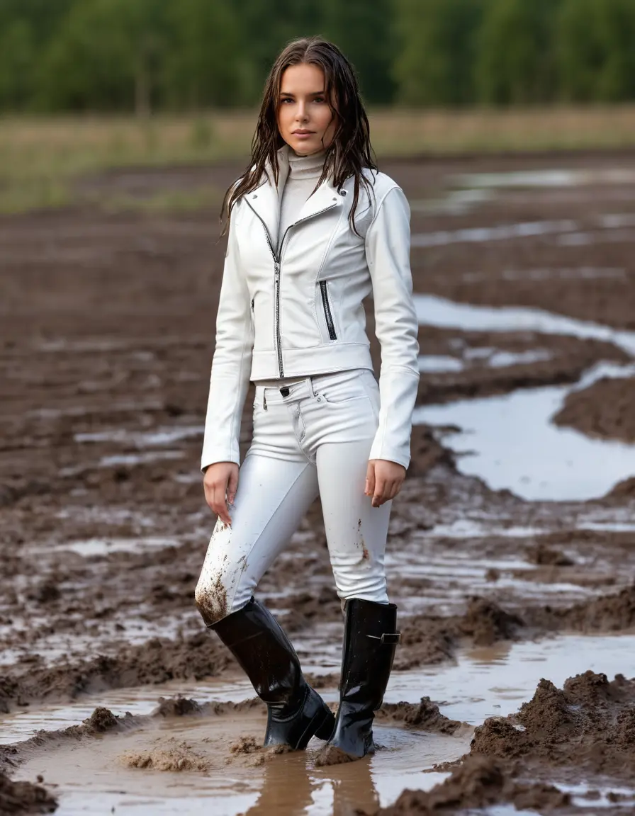 photo of young woman, in soaking wet, drenched clothes,
tight leather boots, skin tight white leather jeans, slim fit white biker leather jacket, tight black latex turtleneck sweater,, Standing in a mud puddle with mud face, 
enjoying, wet clothes stuck to body,
detailed textures of the wet clothes, wet face, wet plastered hair,
wet, drenched, professional, high-quality details, full body view.
sharp focus, ultra-high pixel detail, realistic, high-quality, full colors, incredibly detailed, 4k, 8k, 16k, hyper-realistic, RAW photo, masterpiece, ultra-detailed, professionally color graded, professional photograph, white woman, long dripping wet brown hair