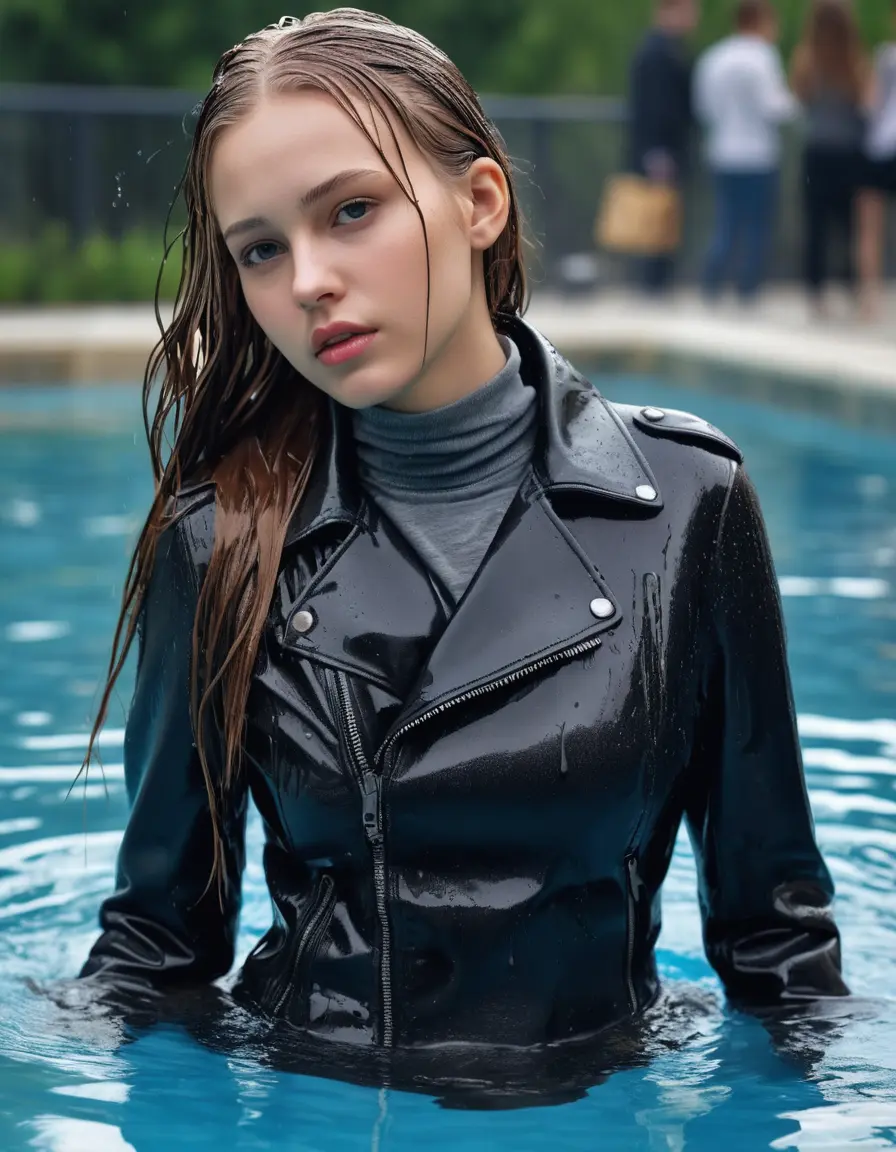 photo of young woman, in soaking wet, drenched clothes,
bare , super skin tight denim jeans, slim fit black biker leatherjacket, tight grey knit turtleneck sweater, handbag , fifteen years old horny blonde teenage girl with her girlfriend holds her hand over her mouth and nose lies completely submerged in pool partly underwater up to the neck at party in a crowded waterpark, completely wet from the rain, open mouth, big eyes, 
enjoying, wet clothes stuck to body,
detailed textures of the wet clothes, wet face, wet plastered hair,
wet, drenched, professional, high-quality details, full body view.
sharp focus, ultra-high pixel detail, realistic, high-quality, full colors, incredibly detailed, 4k, 8k, 16k, hyper-realistic, RAW photo, masterpiece, ultra-detailed, professionally color graded, professional photograph, fifteen years old, completely soaked, completely dripping wet from head to toe, very wet clothes, sleek long straight hair, sleek pigtails, worried and embarrassed facial expression, slight yawn, moaning,  all girls wear different styles of clothes, she take a handbag with her into the water, a lot of people stands in the background, close-up, view from above, highly realistic representation, ultra sharp focus, highly photorealistic detailed facial features and expressions, highly photorealistic hands, highly best quality, highly sharp photorealistic image, highly photorealistic details, highest photorealistic wet clothes, full UHD resolution, highest photorealistic sharpness of the image, 32 K