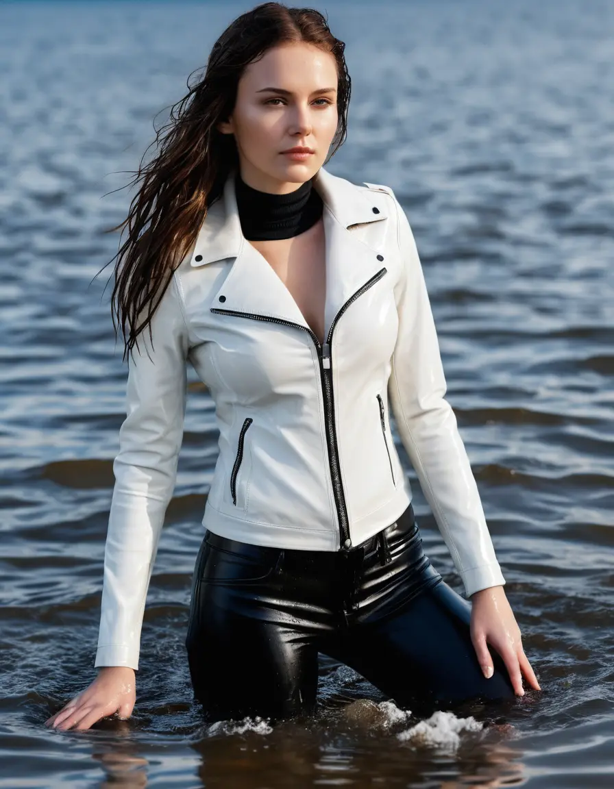 photo of young woman, in soaking wet, drenched clothes,
tight leather boots, skin tight white leather jeans, slim fit white biker leather jacket, tight black latex turtleneck sweater,, Swimming in sea, 
enjoying, wet clothes stuck to body,
detailed textures of the wet clothes, wet face, wet plastered hair,
wet, drenched, professional, high-quality details, full body view.
sharp focus, ultra-high pixel detail, realistic, high-quality, full colors, incredibly detailed, 4k, 8k, 16k, hyper-realistic, RAW photo, masterpiece, ultra-detailed, professionally color graded, professional photograph, white woman, long dripping wet brown hair