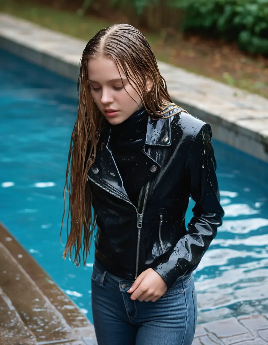 photo of young woman, in soaking wet, drenched clothes,
ankle boots, super skin tight denim jeans, slim fit black biker leatherjacket, tight grey knit turtleneck sweater, handbag , Eighteen years old horny blonde teenage girl with her friends holds her hand over her mouth and nose walks deep the water half submerged from the pool stairs at the edge of the swimming pool, 
enjoying, wet clothes stuck to body,
detailed textures of the wet clothes, wet face, wet plastered hair,
wet, drenched, professional, high-quality details, full body view.
sharp focus, ultra-high pixel detail, realistic, high-quality, full colors, incredibly detailed, 4k, 8k, 16k, hyper-realistic, RAW photo, masterpiece, ultra-detailed, professionally color graded, professional photograph, Eighteen years old, completely soaked, completely dripping wet from head to toe, very wet clothes, sleek long straight hair, worried and embarrassed facial expression, slight yawn, moaning,  all girls wear different styles of clothes, she take a handbag with her into the water, a lot of people stands in the background, close-up, view from above, highly realistic representation, ultra sharp focus, highly photorealistic detailed facial features and expressions, highly photorealistic hands, highly best quality, highly sharp photorealistic image, highly photorealistic details, highest photorealistic wet clothes, full UHD resolution, highest photorealistic sharpness of the image, 32 K