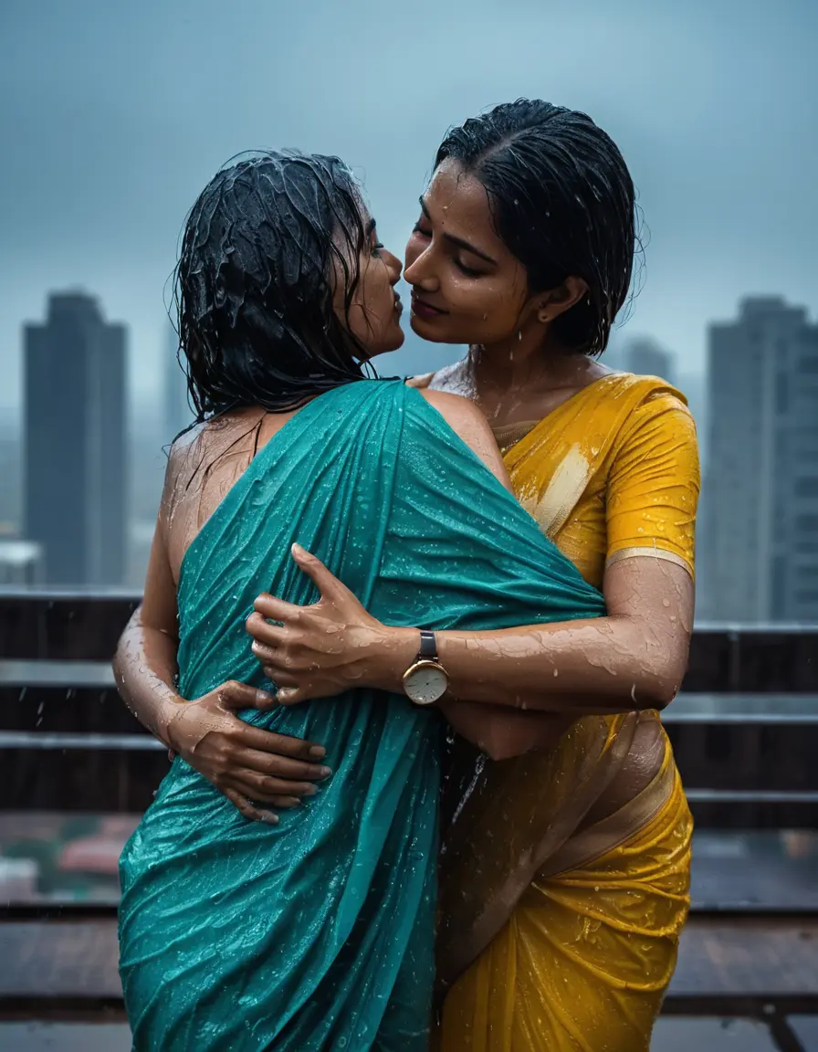 photo of young woman, in soaking wet, drenched clothes,
Stilletto heels, Saree,    Saree skin tight , Luxury pent house, hugging another women , 
enjoying, wet clothes stuck to body,
detailed textures of the wet clothes, wet face, wet plastered hair,
wet, drenched, professional, high-quality details, full body view.
sharp focus, ultra-high pixel detail, realistic, high-quality, full colors, incredibly detailed, 4k, 8k, 16k, hyper-realistic, RAW photo, masterpiece, ultra-detailed, professionally color graded, professional photograph, Straight open  wavy hairstyle , ,  wrist watch, 