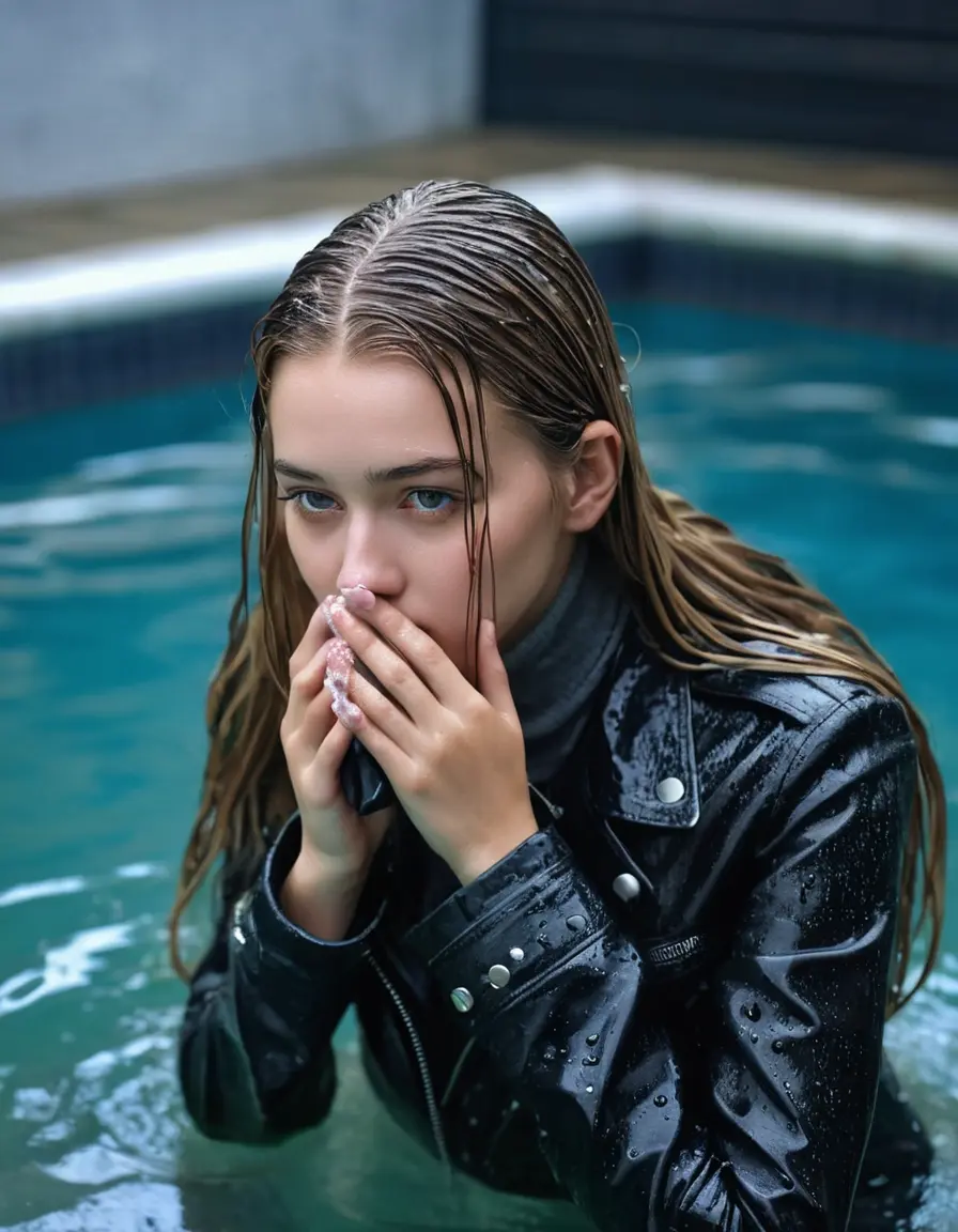 photo of young woman, in soaking wet, drenched clothes,
ankle boots, super skin tight denim jeans, slim fit black biker leatherjacket, tight grey knit turtleneck sweater, handbag , Fifteen years old horny blonde teenage girl with her friends holds her hand over her mouth and nose enter deep the water half submerged from the pool stairs at the edge of the swimming pool, 
enjoying, wet clothes stuck to body,
detailed textures of the wet clothes, wet face, wet plastered hair,
wet, drenched, professional, high-quality details, full body view.
sharp focus, ultra-high pixel detail, realistic, high-quality, full colors, incredibly detailed, 4k, 8k, 16k, hyper-realistic, RAW photo, masterpiece, ultra-detailed, professionally color graded, professional photograph, Fifteen years old, completely soaked, completely dripping wet from head to toe, very wet clothes, sleek long straight hair, worried and embarrassed facial expression, slight yawn, moaning,  all girls wear different styles of clothes, she take a handbag with her into the water, a lot of people stands in the background, close-up, view from above, highly realistic representation, ultra sharp focus, highly photorealistic detailed facial features and expressions, highly photorealistic hands, highly best quality, highly sharp photorealistic image, highly photorealistic details, highest photorealistic wet clothes, full UHD resolution, highest photorealistic sharpness of the image, 32 K