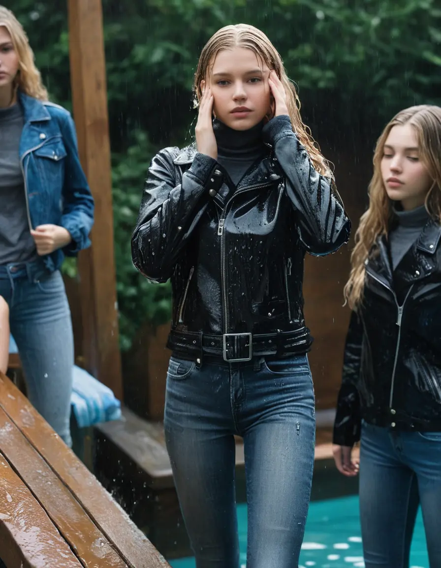 photo of young woman, in soaking wet, drenched clothes,
ankle boots, super skin tight denim jeans, slim fit black biker leatherjacket, tight grey knit turtleneck sweater, handbag , Fifteen years old horny blonde teenage girl with her friends holds her hand over her mouth and nose enter deep the water half submerged from the pool stairs at the edge of the swimming pool, 
enjoying, wet clothes stuck to body,
detailed textures of the wet clothes, wet face, wet plastered hair,
wet, drenched, professional, high-quality details, full body view.
sharp focus, ultra-high pixel detail, realistic, high-quality, full colors, incredibly detailed, 4k, 8k, 16k, hyper-realistic, RAW photo, masterpiece, ultra-detailed, professionally color graded, professional photograph, Fifteen years old, completely soaked, completely dripping wet from head to toe, very wet clothes, sleek long straight hair, worried and embarrassed facial expression, slight yawn, moaning,  all girls wear different styles of clothes, she take a handbag with her into the water, a lot of people stands in the background, close-up, view from above, highly realistic representation, ultra sharp focus, highly photorealistic detailed facial features and expressions, highly photorealistic hands, highly best quality, highly sharp photorealistic image, highly photorealistic details, highest photorealistic wet clothes, full UHD resolution, highest photorealistic sharpness of the image, 32 K