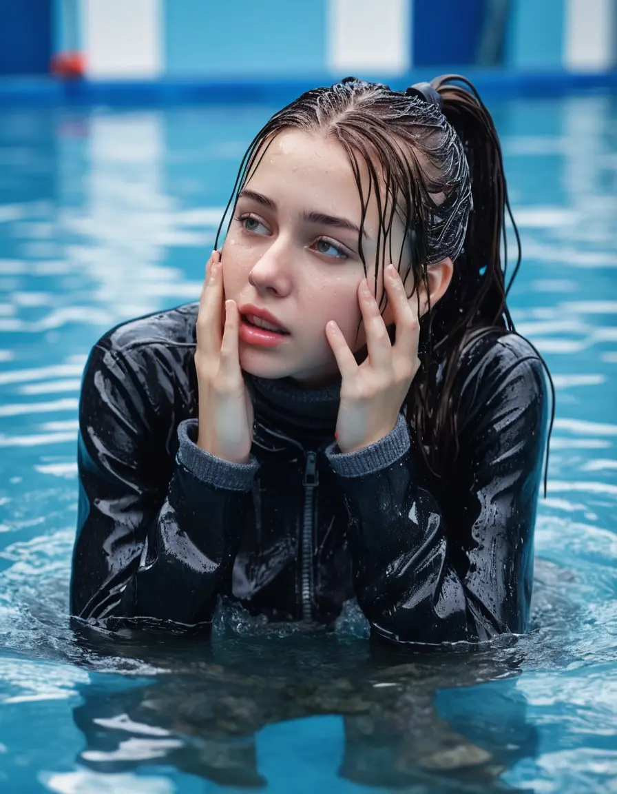 photo of young woman, in soaking wet, drenched clothes,
ankle boots , super skin tight denim jeans, slim fit black biker leatherjacket, tight grey knit turtleneck sweater, handbag , fifteen years old horny blonde teenage girl with her girlfriend holds her hand over her mouth and nose lies completely submerged in pool partly underwater up to the neck at party in a crowded waterpark, completely wet from the rain, open mouth, big eyes, 
enjoying, wet clothes stuck to body,
detailed textures of the wet clothes, wet face, wet plastered hair,
wet, drenched, professional, high-quality details, full body view.
sharp focus, ultra-high pixel detail, realistic, high-quality, full colors, incredibly detailed, 4k, 8k, 16k, hyper-realistic, RAW photo, masterpiece, ultra-detailed, professionally color graded, professional photograph, fifteen years old, completely soaked, completely dripping wet from head to toe, very wet clothes, sleek long straight hair, sleek pigtails, worried and embarrassed facial expression, slight yawn, moaning,  all girls wear different styles of clothes, take a handbag into the water, a lot of people stands in the background, close-up, view from above, highly realistic representation, ultra sharp focus, highly photorealistic detailed facial features and expressions, highly photorealistic hands, highly best quality, highly sharp photorealistic image, highly photorealistic details, highest photorealistic wet clothes, full UHD resolution, highest photorealistic sharpness of the image, 32 K