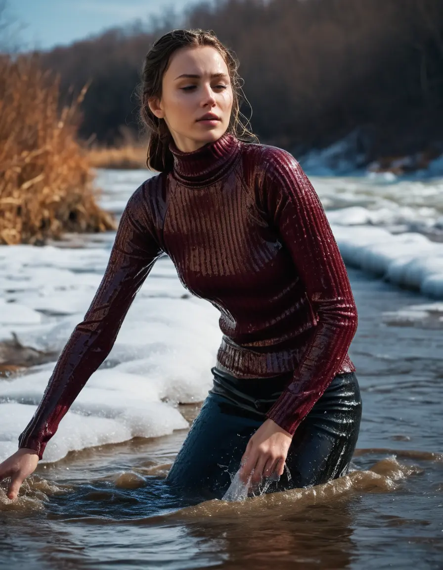 photo of young woman, in soaking wet, drenched clothes,
, , Form-fitted cozy ribbed burgundy turtleneck sweater , Beach, 
enjoying, wet clothes stuck to body,
detailed textures of the wet clothes, wet face, wet plastered hair,
wet, drenched, professional, high-quality details, full body view.
sharp focus, ultra-high pixel detail, realistic, high-quality, full colors, incredibly detailed, 4k, 8k, 16k, hyper-realistic, RAW photo, masterpiece, ultra-detailed, professionally color graded, professional photograph, Eastern European woman, crossing a chest-deep partially frozen river, gasping from the shivers and pain of the cold water but still moving forward.