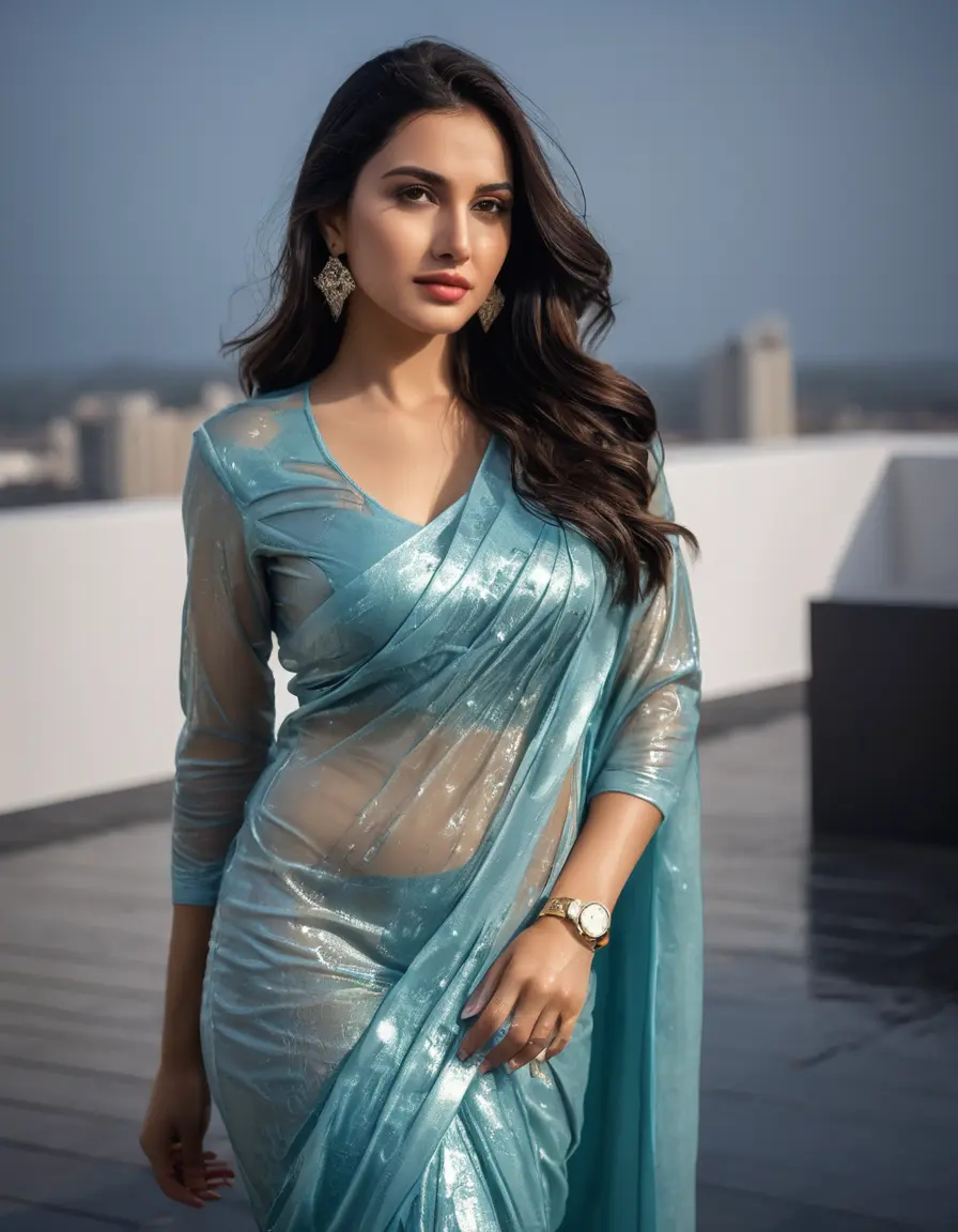 photo of young woman, in soaking wet, drenched clothes,
Stilletto heels, Saree,    Saree skin tight , full sleeve, Luxury pent house, womens , 
enjoying, wet clothes stuck to body,
detailed textures of the wet clothes, wet face, wet plastered hair,
wet, drenched, professional, high-quality details, full body view.
sharp focus, ultra-high pixel detail, realistic, high-quality, full colors, incredibly detailed, 4k, 8k, 16k, hyper-realistic, RAW photo, masterpiece, ultra-detailed, professionally color graded, professional photograph, Straight open  wavy hairstyle , ,  wrist watch, 
