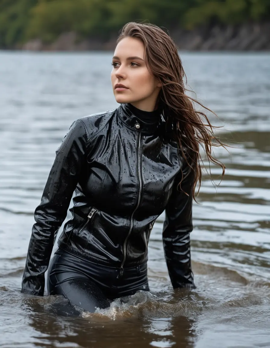 photo of young woman, in soaking wet, drenched clothes,
tight leather boots, skin tight black leather jeans, slim fit black biker leather jacket, tight black latex turtleneck sweater,, Swimming in sea, 
enjoying, wet clothes stuck to body,
detailed textures of the wet clothes, wet face, wet plastered hair,
wet, drenched, professional, high-quality details, full body view.
sharp focus, ultra-high pixel detail, realistic, high-quality, full colors, incredibly detailed, 4k, 8k, 16k, hyper-realistic, RAW photo, masterpiece, ultra-detailed, professionally color graded, professional photograph, white woman, long dripping wet brown hair