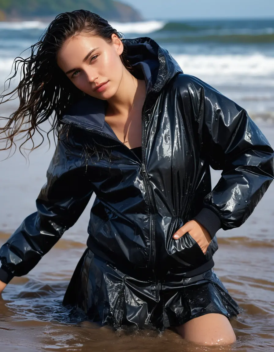 photo of young woman, in soaking wet, drenched clothes,
long satin black skirt, puffy jacket, , 
enjoying, wet clothes stuck to body,
detailed textures of the wet clothes, wet face, wet plastered hair,
wet, drenched, professional, high-quality details, full body view.
sharp focus, ultra-high pixel detail, realistic, high-quality, full colors, incredibly detailed, 4k, 8k, 16k, hyper-realistic, RAW photo, masterpiece, ultra-detailed, professionally color graded, professional photograph