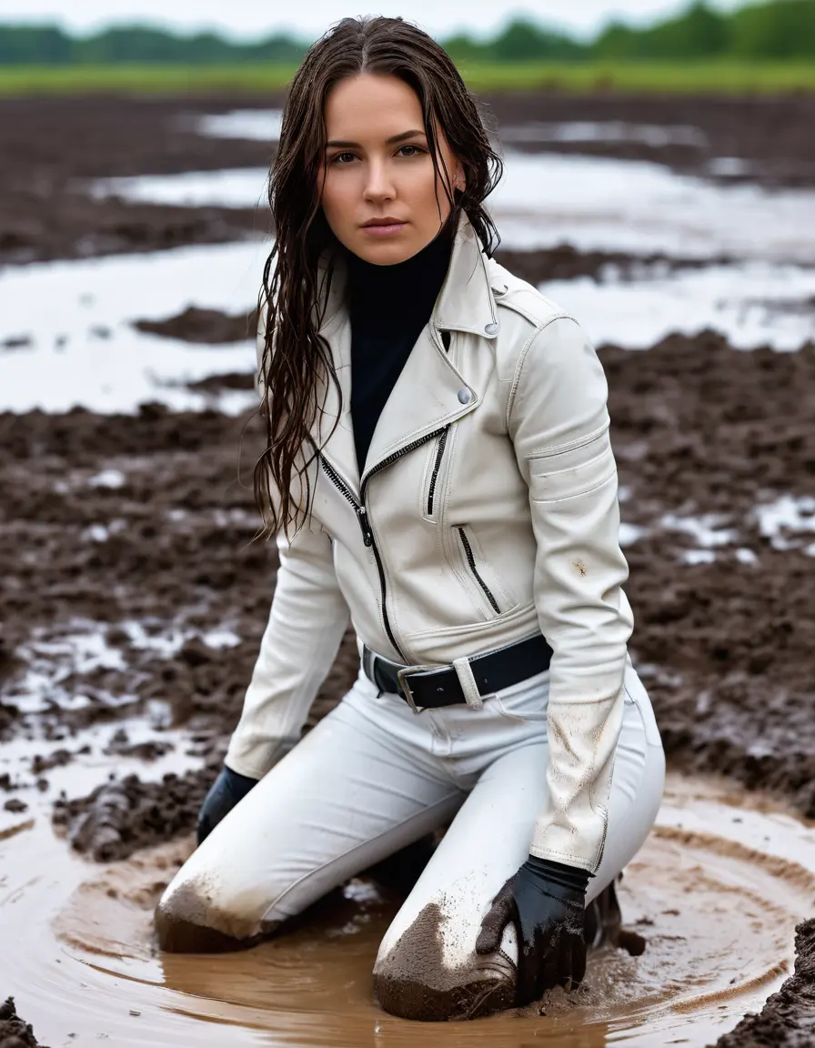 photo of young woman, in soaking wet, drenched clothes,
tight leather boots, skin tight white leather jeans, slim fit white biker leather jacket, tight black latex turtleneck sweater,, Standing in a mud puddle with mud face, 
enjoying, wet clothes stuck to body,
detailed textures of the wet clothes, wet face, wet plastered hair,
wet, drenched, professional, high-quality details, full body view.
sharp focus, ultra-high pixel detail, realistic, high-quality, full colors, incredibly detailed, 4k, 8k, 16k, hyper-realistic, RAW photo, masterpiece, ultra-detailed, professionally color graded, professional photograph, white woman, long dripping wet brown hair