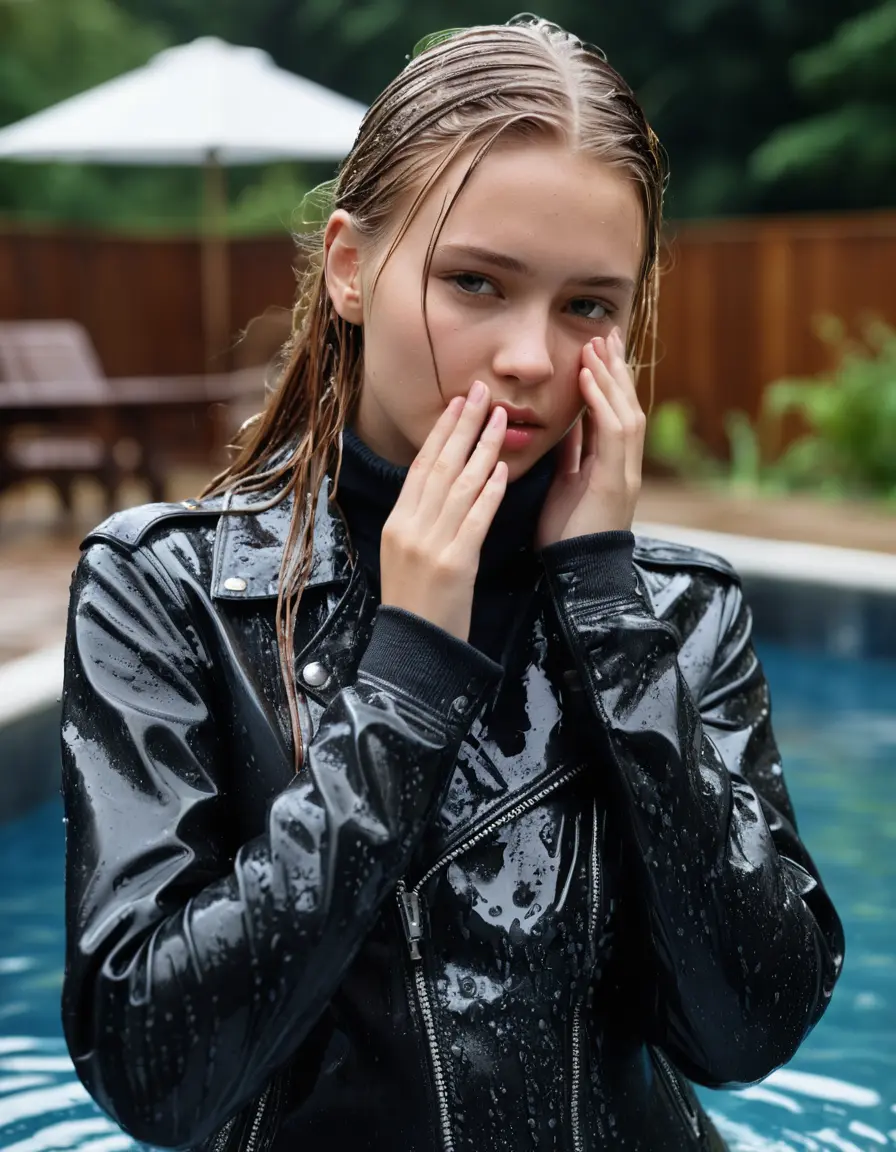 photo of young woman, in soaking wet, drenched clothes,
ankle boots, super skin tight denim jeans, slim fit black biker leatherjacket, tight grey knit turtleneck sweater, handbag , Eighteen years old horny blonde teenage girl with her friends holds her hand over her mouth and nose half submerged at the edge of the swimming pool, 
enjoying, wet clothes stuck to body,
detailed textures of the wet clothes, wet face, wet plastered hair,
wet, drenched, professional, high-quality details, full body view.
sharp focus, ultra-high pixel detail, realistic, high-quality, full colors, incredibly detailed, 4k, 8k, 16k, hyper-realistic, RAW photo, masterpiece, ultra-detailed, professionally color graded, professional photograph, Eighteen years old, completely soaked, completely dripping wet from head to toe, very wet clothes, sleek long straight hair, worried and embarrassed facial expression, slight yawn, moaning,  all girls wear different styles of clothes, she take a handbag with her into the water, a lot of people stands in the background, close-up, view from above, highly realistic representation, ultra sharp focus, highly photorealistic detailed facial features and expressions, highly photorealistic hands, highly best quality, highly sharp photorealistic image, highly photorealistic details, highest photorealistic wet clothes, full UHD resolution, highest photorealistic sharpness of the image, 32 K