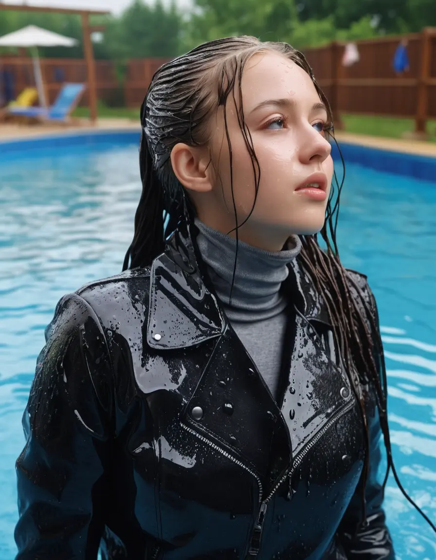photo of young woman, in soaking wet, drenched clothes,
bare , super skin tight denim jeans, slim fit black biker leatherjacket, tight grey knit turtleneck sweater, handbag , fifteen years old horny blonde teenage girl with her girlfriend holds her hand over her mouth and nose lies completely submerged in pool partly underwater up to the neck at party in a crowded waterpark, completely wet from the rain, open mouth, big eyes, 
enjoying, wet clothes stuck to body,
detailed textures of the wet clothes, wet face, wet plastered hair,
wet, drenched, professional, high-quality details, full body view.
sharp focus, ultra-high pixel detail, realistic, high-quality, full colors, incredibly detailed, 4k, 8k, 16k, hyper-realistic, RAW photo, masterpiece, ultra-detailed, professionally color graded, professional photograph, fifteen years old, completely soaked, completely dripping wet from head to toe, very wet clothes, sleek long straight hair, sleek pigtails, worried and embarrassed facial expression, slight yawn, moaning,  all girls wear different styles of clothes, take a handbag into the water, a lot of people stands in the background, close-up, view from above, highly realistic representation, ultra sharp focus, highly photorealistic detailed facial features and expressions, highly photorealistic hands, highly best quality, highly sharp photorealistic image, highly photorealistic details, highest photorealistic wet clothes, full UHD resolution, highest photorealistic sharpness of the image, 32 K
