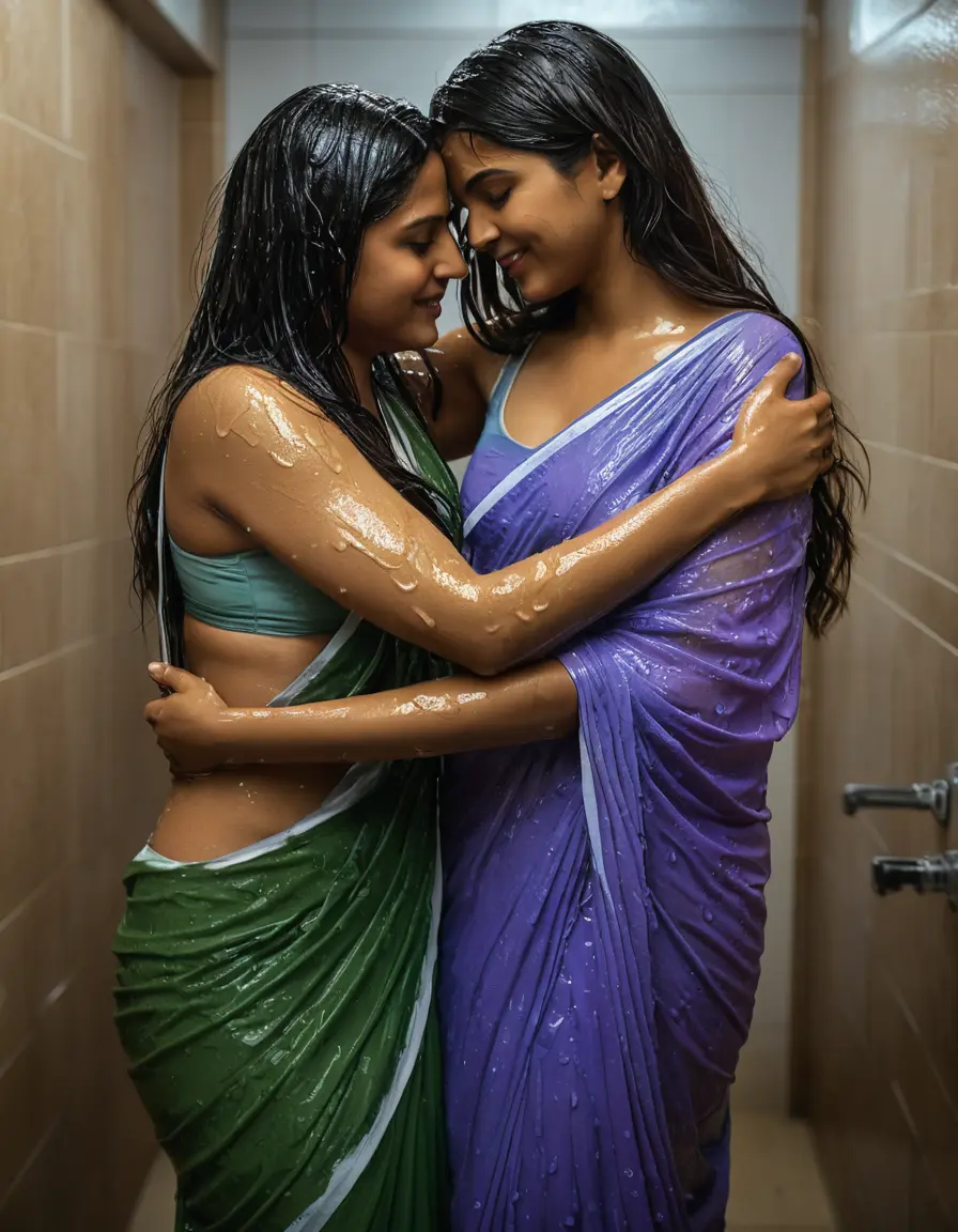 photo of young woman, in soaking wet, drenched clothes,
Stilletto heels, Saree,    Saree skin tight , Strip bathroom, hugging another women , 
enjoying, wet clothes stuck to body,
detailed textures of the wet clothes, wet face, wet plastered hair,
wet, drenched, professional, high-quality details, full body view.
sharp focus, ultra-high pixel detail, realistic, high-quality, full colors, incredibly detailed, 4k, 8k, 16k, hyper-realistic, RAW photo, masterpiece, ultra-detailed, professionally color graded, professional photograph, Straight open  wavy hairstyle , ,  wrist watch, 