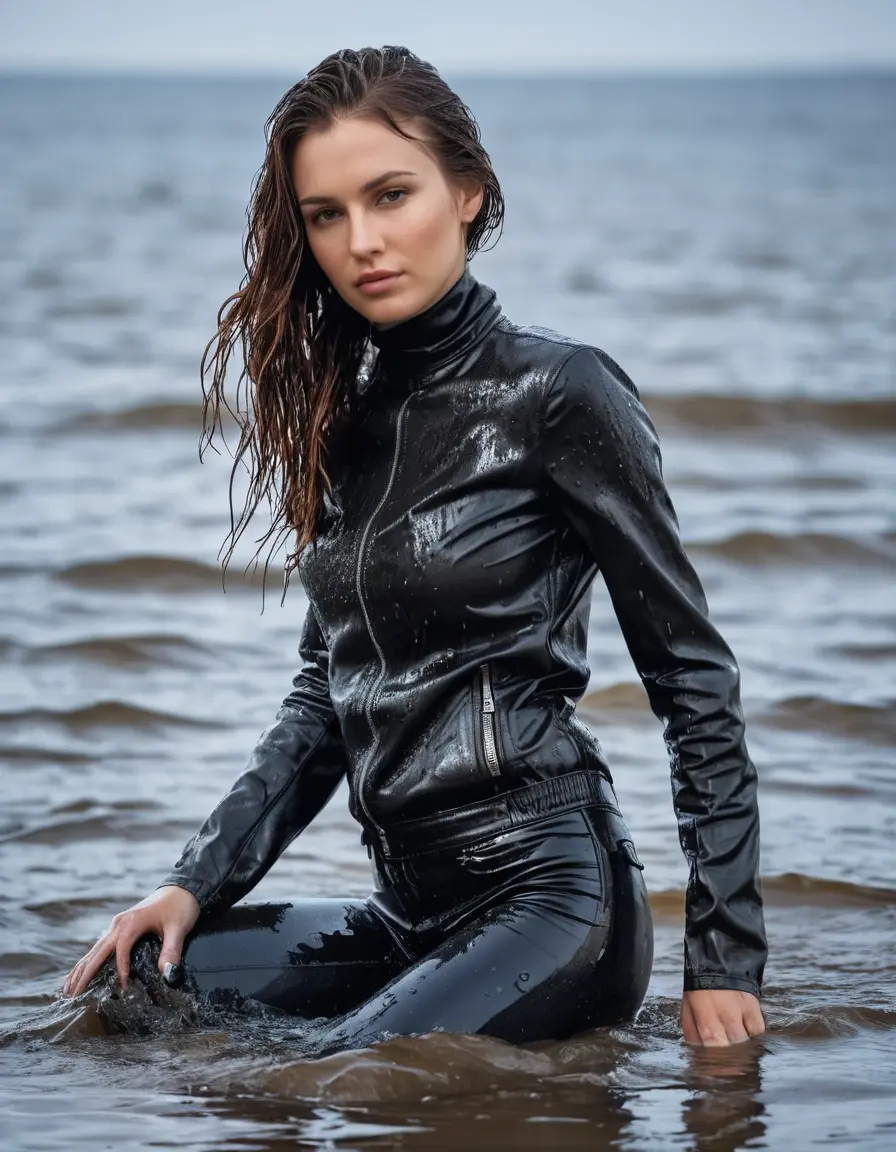 photo of young woman, in soaking wet, drenched clothes,
tight leather boots, skin tight black leather jeans, slim fit black biker leather jacket, tight black latex turtleneck sweater,, Swimming in sea, 
enjoying, wet clothes stuck to body,
detailed textures of the wet clothes, wet face, wet plastered hair,
wet, drenched, professional, high-quality details, full body view.
sharp focus, ultra-high pixel detail, realistic, high-quality, full colors, incredibly detailed, 4k, 8k, 16k, hyper-realistic, RAW photo, masterpiece, ultra-detailed, professionally color graded, professional photograph, white woman, long dripping wet brown hair