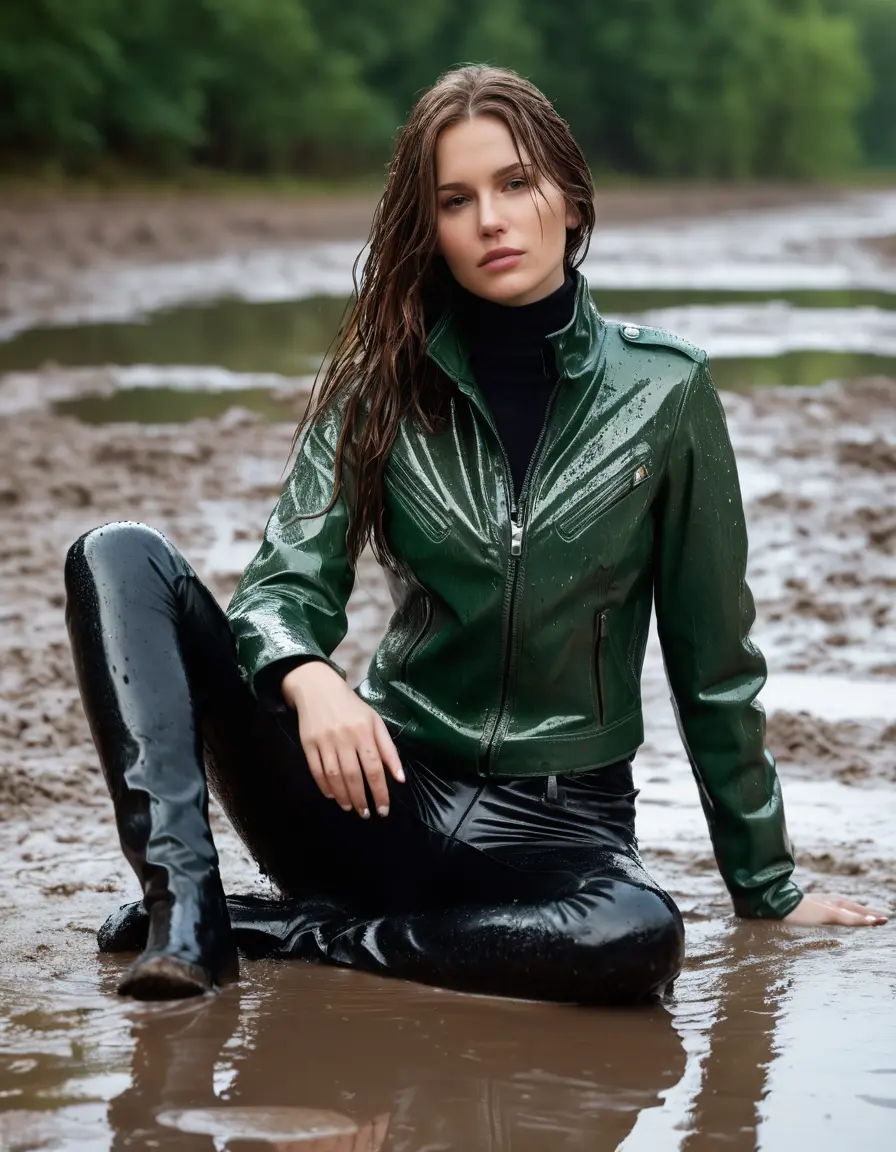 photo of young woman, in soaking wet, drenched clothes,
tight leather boots, skin tight black leather jeans, slim fit green biker leatherjacket, tight light black latex turtleneck sweater,, lying on mud in heavy rain, 
enjoying, wet clothes stuck to body,
detailed textures of the wet clothes, wet face, wet plastered hair,
wet, drenched, professional, high-quality details, full body view.
sharp focus, ultra-high pixel detail, realistic, high-quality, full colors, incredibly detailed, 4k, 8k, 16k, hyper-realistic, RAW photo, masterpiece, ultra-detailed, professionally color graded, professional photograph, white woman, long dripping wet brown hair