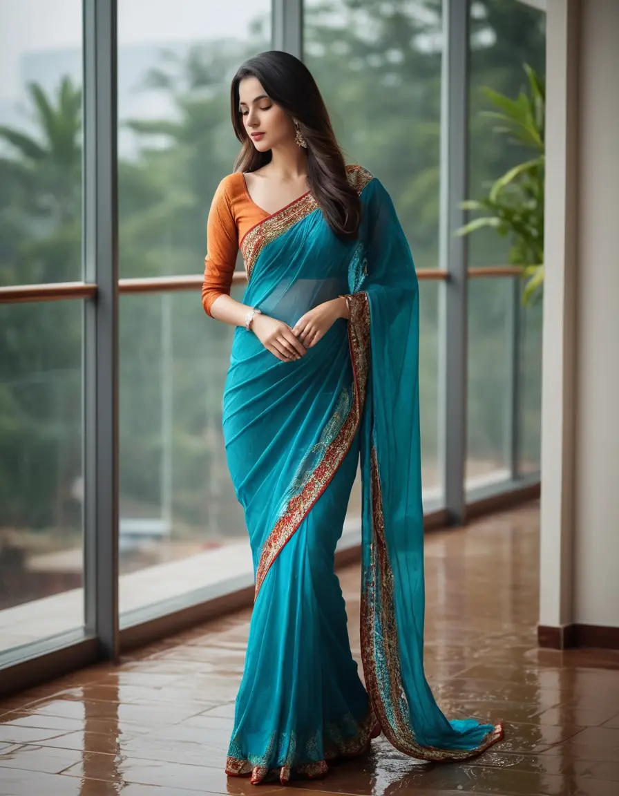 photo of young woman, in soaking wet, drenched clothes,
Stilletto heels, Half Saree,    Saree skin tight , full sleeve, Luxury pent house, womens , 
enjoying, wet clothes stuck to body,
detailed textures of the wet clothes, wet face, wet plastered hair,
wet, drenched, professional, high-quality details, full body view.
sharp focus, ultra-high pixel detail, realistic, high-quality, full colors, incredibly detailed, 4k, 8k, 16k, hyper-realistic, RAW photo, masterpiece, ultra-detailed, professionally color graded, professional photograph, Long Straight open  wavy hairstyle , ,  wrist watch, 
