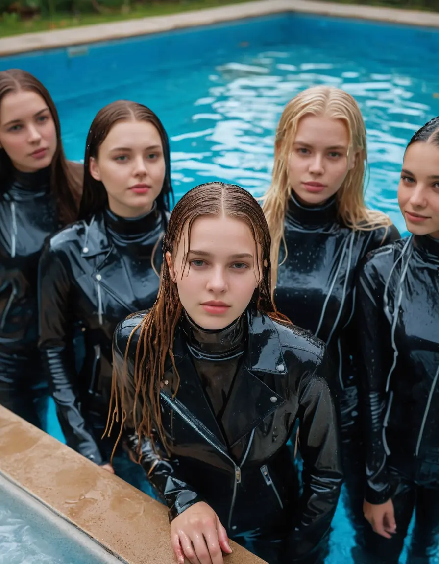 photo of young woman, in soaking wet, drenched clothes,
ankle boots, super skin tight denim jeans, slim fit black biker leatherjacket, tight grey knit turtleneck sweater, handbag , Fifteen years old horny blonde teenage girl with her friends holds her hand over her mouth and nose goes for a dip  deep in the water half submerged from the pool stairs at the edge of the swimming pool at private pool party, 
enjoying, wet clothes stuck to body,
detailed textures of the wet clothes, wet face, wet plastered hair,
wet, drenched, professional, high-quality details, full body view.
sharp focus, ultra-high pixel detail, realistic, high-quality, full colors, incredibly detailed, 4k, 8k, 16k, hyper-realistic, RAW photo, masterpiece, ultra-detailed, professionally color graded, professional photograph, Fifteen years old, completely soaked, completely dripping wet from head to toe, very wet clothes, sleek long straight hair, worried and embarrassed facial expression, slight yawn, moaning,  all girls wear different styles of clothes, she take a handbag with her into the water, a lot of people stands in the background, close-up, view from above, highly realistic representation, ultra sharp focus, highly photorealistic detailed facial features and expressions, highly photorealistic hands, highly best quality, highly sharp photorealistic image, highly photorealistic details, highest photorealistic wet clothes, full UHD resolution, highest photorealistic sharpness of the image, 32 K