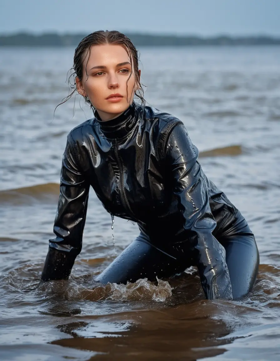 photo of young woman, in soaking wet, drenched clothes,
tight leather boots, skin tight black leather jeans, slim fit black biker leather jacket, tight black latex turtleneck sweater,, Swimming in sea, 
enjoying, wet clothes stuck to body,
detailed textures of the wet clothes, wet face, wet plastered hair,
wet, drenched, professional, high-quality details, full body view.
sharp focus, ultra-high pixel detail, realistic, high-quality, full colors, incredibly detailed, 4k, 8k, 16k, hyper-realistic, RAW photo, masterpiece, ultra-detailed, professionally color graded, professional photograph, white woman, long dripping wet brown hair