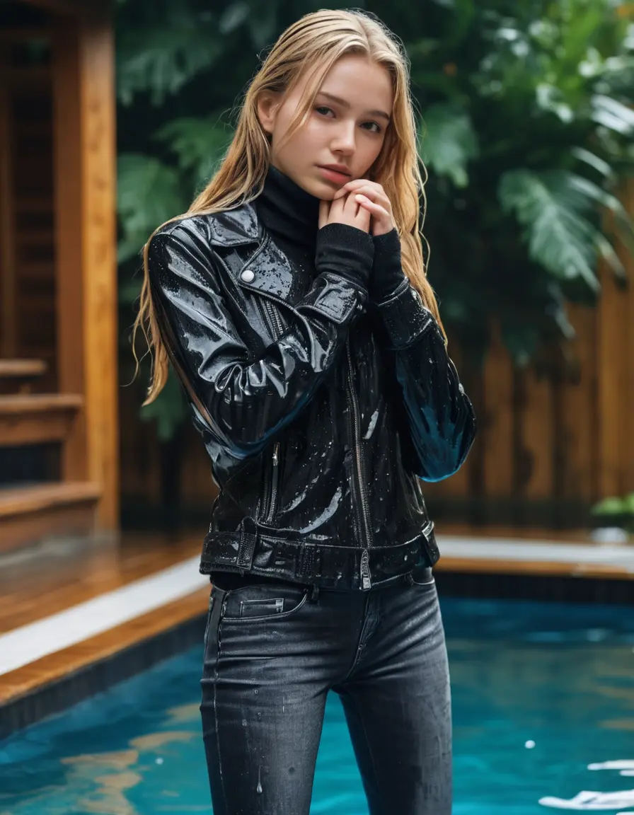 photo of young woman, in soaking wet, drenched clothes,
ankle boots, super skin tight denim jeans, slim fit black biker leatherjacket, tight grey knit turtleneck sweater, handbag , Eighteen years old horny blonde teenage girl with her friends holds her hand over her mouth and nose enter the water half submerged from the pool stairs at the edge of the swimming pool, 
enjoying, wet clothes stuck to body,
detailed textures of the wet clothes, wet face, wet plastered hair,
wet, drenched, professional, high-quality details, full body view.
sharp focus, ultra-high pixel detail, realistic, high-quality, full colors, incredibly detailed, 4k, 8k, 16k, hyper-realistic, RAW photo, masterpiece, ultra-detailed, professionally color graded, professional photograph, Eighteen years old, completely soaked, completely dripping wet from head to toe, very wet clothes, sleek long straight hair, worried and embarrassed facial expression, slight yawn, moaning,  all girls wear different styles of clothes, she take a handbag with her into the water, a lot of people stands in the background, close-up, view from above, highly realistic representation, ultra sharp focus, highly photorealistic detailed facial features and expressions, highly photorealistic hands, highly best quality, highly sharp photorealistic image, highly photorealistic details, highest photorealistic wet clothes, full UHD resolution, highest photorealistic sharpness of the image, 32 K