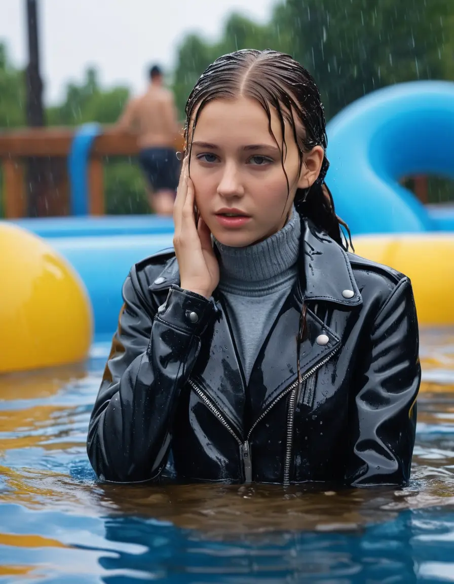photo of young woman, in soaking wet, drenched clothes,
ankle boots , super skin tight denim jeans, slim fit black biker leatherjacket, tight grey knit turtleneck sweater, handbag , fifteen years old horny blonde teenage girl with her girlfriend holds her hand over her mouth and nose lies completely submerged in pool partly underwater up to the neck at party in a crowded waterpark, completely wet from the rain, open mouth, big eyes, 
enjoying, wet clothes stuck to body,
detailed textures of the wet clothes, wet face, wet plastered hair,
wet, drenched, professional, high-quality details, full body view.
sharp focus, ultra-high pixel detail, realistic, high-quality, full colors, incredibly detailed, 4k, 8k, 16k, hyper-realistic, RAW photo, masterpiece, ultra-detailed, professionally color graded, professional photograph, fifteen years old, completely soaked, completely dripping wet from head to toe, very wet clothes, sleek long straight hair, sleek pigtails, worried and embarrassed facial expression, slight yawn, moaning,  all girls wear different styles of clothes, take a handbag with her into the water, a lot of people stands in the background, close-up, view from above, highly realistic representation, ultra sharp focus, highly photorealistic detailed facial features and expressions, highly photorealistic hands, highly best quality, highly sharp photorealistic image, highly photorealistic details, highest photorealistic wet clothes, full UHD resolution, highest photorealistic sharpness of the image, 32 K