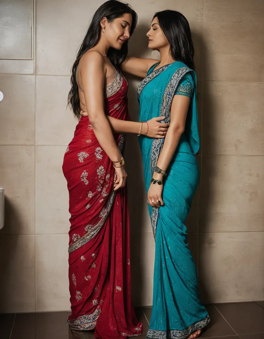 photo of young woman, in soaking wet, drenched clothes,
Stilletto heels, Silk pants, Embroidery,   Saree skin tight , Strip bathroom, hugging another women , 
enjoying, wet clothes stuck to body,
detailed textures of the wet clothes, wet face, wet plastered hair,
wet, drenched, professional, high-quality details, full body view.
sharp focus, ultra-high pixel detail, realistic, high-quality, full colors, incredibly detailed, 4k, 8k, 16k, hyper-realistic, RAW photo, masterpiece, ultra-detailed, professionally color graded, professional photograph, Straight open  wavy hairstyle , ,  wrist watch, 
