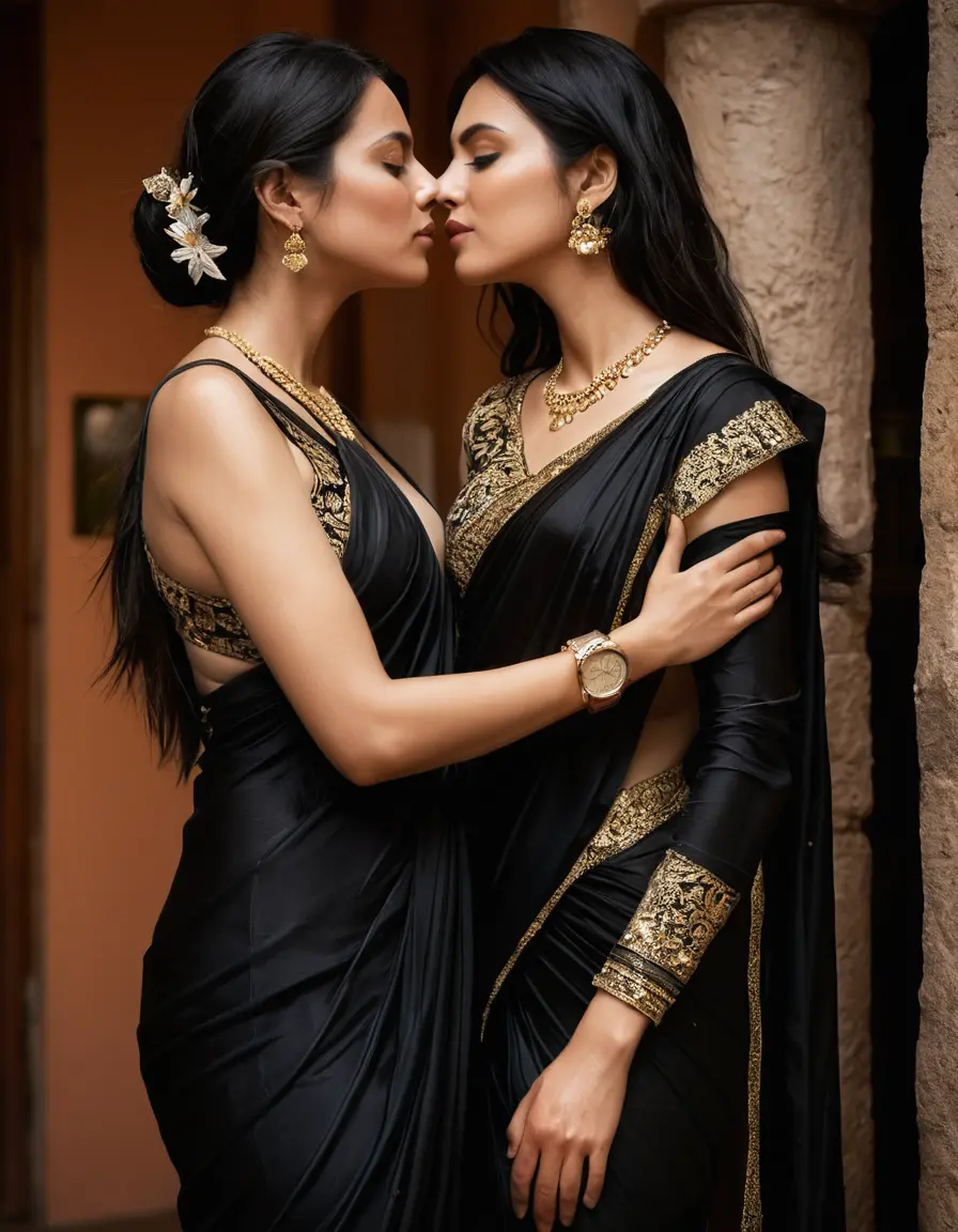 photo of young woman, in soaking wet, drenched clothes,
Stilletto heels, Silk pants, Embroidery,  long black Saree skin tight , Pub , kissing another women , 
enjoying, wet clothes stuck to body,
detailed textures of the wet clothes, wet face, wet plastered hair,
wet, drenched, professional, high-quality details, full body view.
sharp focus, ultra-high pixel detail, realistic, high-quality, full colors, incredibly detailed, 4k, 8k, 16k, hyper-realistic, RAW photo, masterpiece, ultra-detailed, professionally color graded, professional photograph, Straight open  wavy hairstyle , , pear shaped body,  wrist watch, thin necklace t ,  , no make up, 