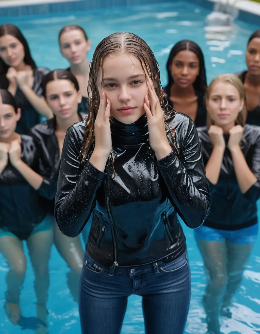 photo of young woman, in soaking wet, drenched clothes,
ankle boots, super skin tight denim jeans, slim fit black biker leatherjacket, tight grey knit turtleneck sweater, handbag , Fifteen years old horny blonde teenage girl with her friends holds her hand over her mouth and nose goes for a dip  deep in the water half submerged from the pool stairs at the edge of the swimming pool at private pool party, 
enjoying, wet clothes stuck to body,
detailed textures of the wet clothes, wet face, wet plastered hair,
wet, drenched, professional, high-quality details, full body view.
sharp focus, ultra-high pixel detail, realistic, high-quality, full colors, incredibly detailed, 4k, 8k, 16k, hyper-realistic, RAW photo, masterpiece, ultra-detailed, professionally color graded, professional photograph, Fifteen years old, completely soaked, completely dripping wet from head to toe, very wet clothes, sleek long straight hair, worried and embarrassed facial expression, slight yawn, moaning,  all girls wear different styles of clothes, she take a handbag with her into the water, a lot of people stands in the background, close-up, view from above, highly realistic representation, ultra sharp focus, highly photorealistic detailed facial features and expressions, highly photorealistic hands, highly best quality, highly sharp photorealistic image, highly photorealistic details, highest photorealistic wet clothes, full UHD resolution, highest photorealistic sharpness of the image, 32 K
