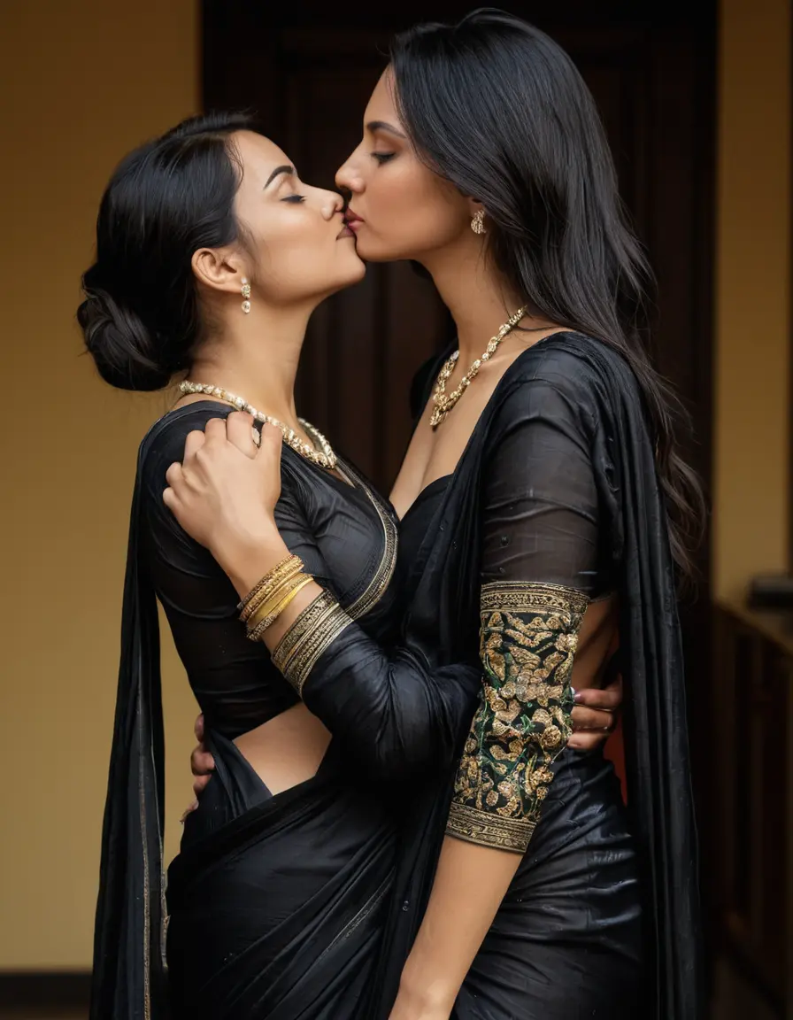 photo of young woman, in soaking wet, drenched clothes,
Stilletto heels, Silk pants, Embroidery,  long black Saree skin tight , Pub , kissing another women , 
enjoying, wet clothes stuck to body,
detailed textures of the wet clothes, wet face, wet plastered hair,
wet, drenched, professional, high-quality details, full body view.
sharp focus, ultra-high pixel detail, realistic, high-quality, full colors, incredibly detailed, 4k, 8k, 16k, hyper-realistic, RAW photo, masterpiece, ultra-detailed, professionally color graded, professional photograph, Straight open  wavy hairstyle , , pear shaped body,  wrist watch, thin necklace t ,  , no make up, 