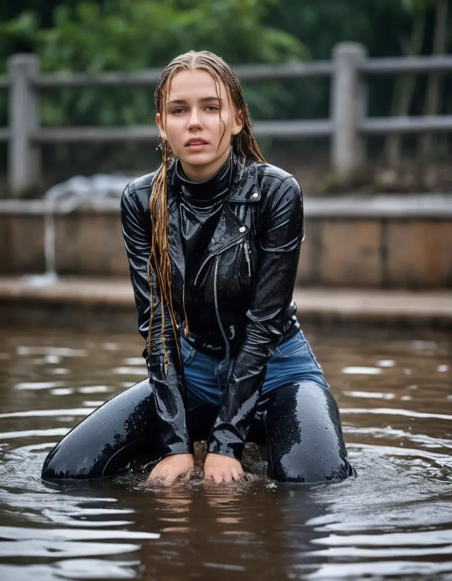 photo of young woman, in soaking wet, drenched clothes,
ankle boots, super skin tight denim jeans, slim fit black biker leatherjacket, tight grey knit turtleneck sweater, handbag , Eighteen years old horny blonde teenage girl with her friends holds her hand over her mouth and nose falls into the water half submerged from the edge of the swimming pool, 
enjoying, wet clothes stuck to body,
detailed textures of the wet clothes, wet face, wet plastered hair,
wet, drenched, professional, high-quality details, full body view.
sharp focus, ultra-high pixel detail, realistic, high-quality, full colors, incredibly detailed, 4k, 8k, 16k, hyper-realistic, RAW photo, masterpiece, ultra-detailed, professionally color graded, professional photograph, Eighteen years old, completely soaked, completely dripping wet from head to toe, very wet clothes, sleek long straight hair, worried and embarrassed facial expression, slight yawn, moaning,  all girls wear different styles of clothes, she take a handbag with her into the water, a lot of people stands in the background, close-up, view from above, highly realistic representation, ultra sharp focus, highly photorealistic detailed facial features and expressions, highly photorealistic hands, highly best quality, highly sharp photorealistic image, highly photorealistic details, highest photorealistic wet clothes, full UHD resolution, highest photorealistic sharpness of the image, 32 K