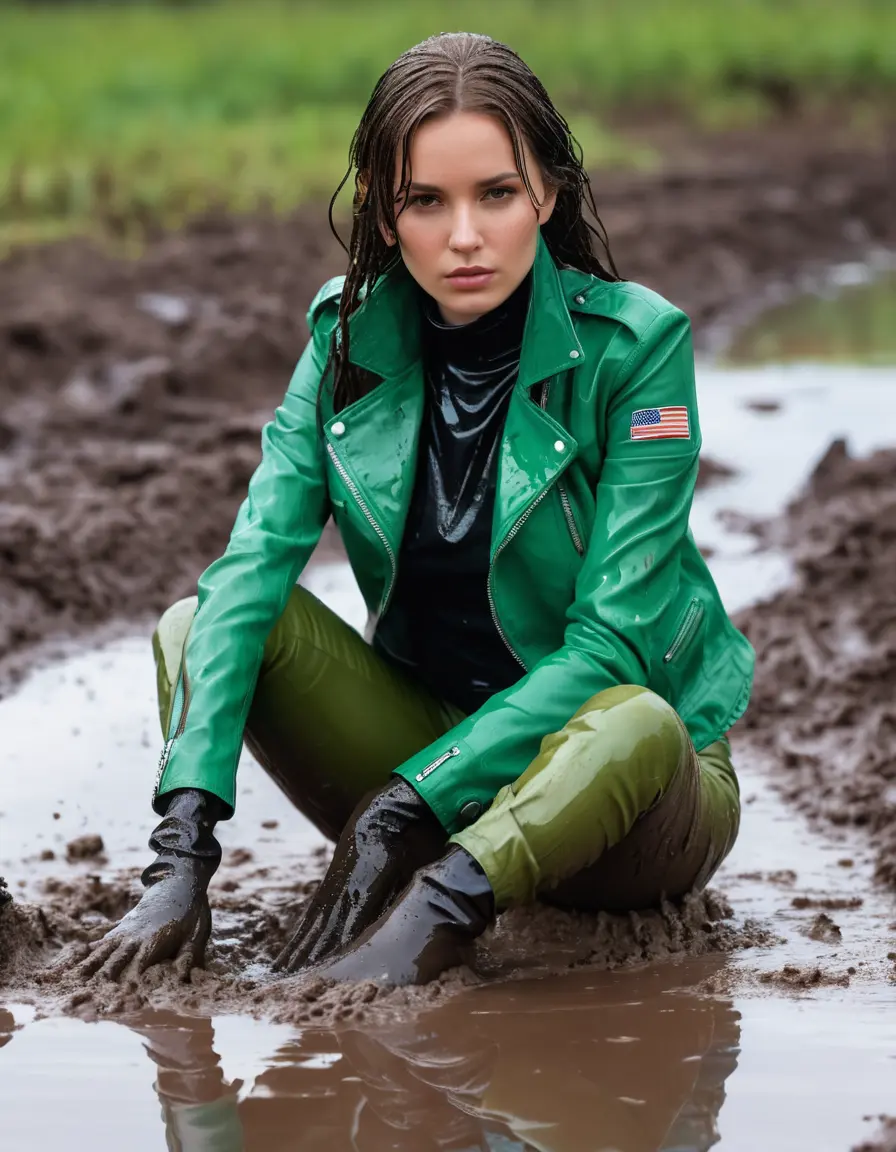 photo of young woman, in soaking wet, drenched clothes,
tight leather boots, skin green white leather jeans, slim fit green biker leather jacket, tight black latex turtleneck sweater,, lying in a mud puddle, covered in mud, 
enjoying, wet clothes stuck to body,
detailed textures of the wet clothes, wet face, wet plastered hair,
wet, drenched, professional, high-quality details, full body view.
sharp focus, ultra-high pixel detail, realistic, high-quality, full colors, incredibly detailed, 4k, 8k, 16k, hyper-realistic, RAW photo, masterpiece, ultra-detailed, professionally color graded, professional photograph, white woman, long dripping wet brown hair