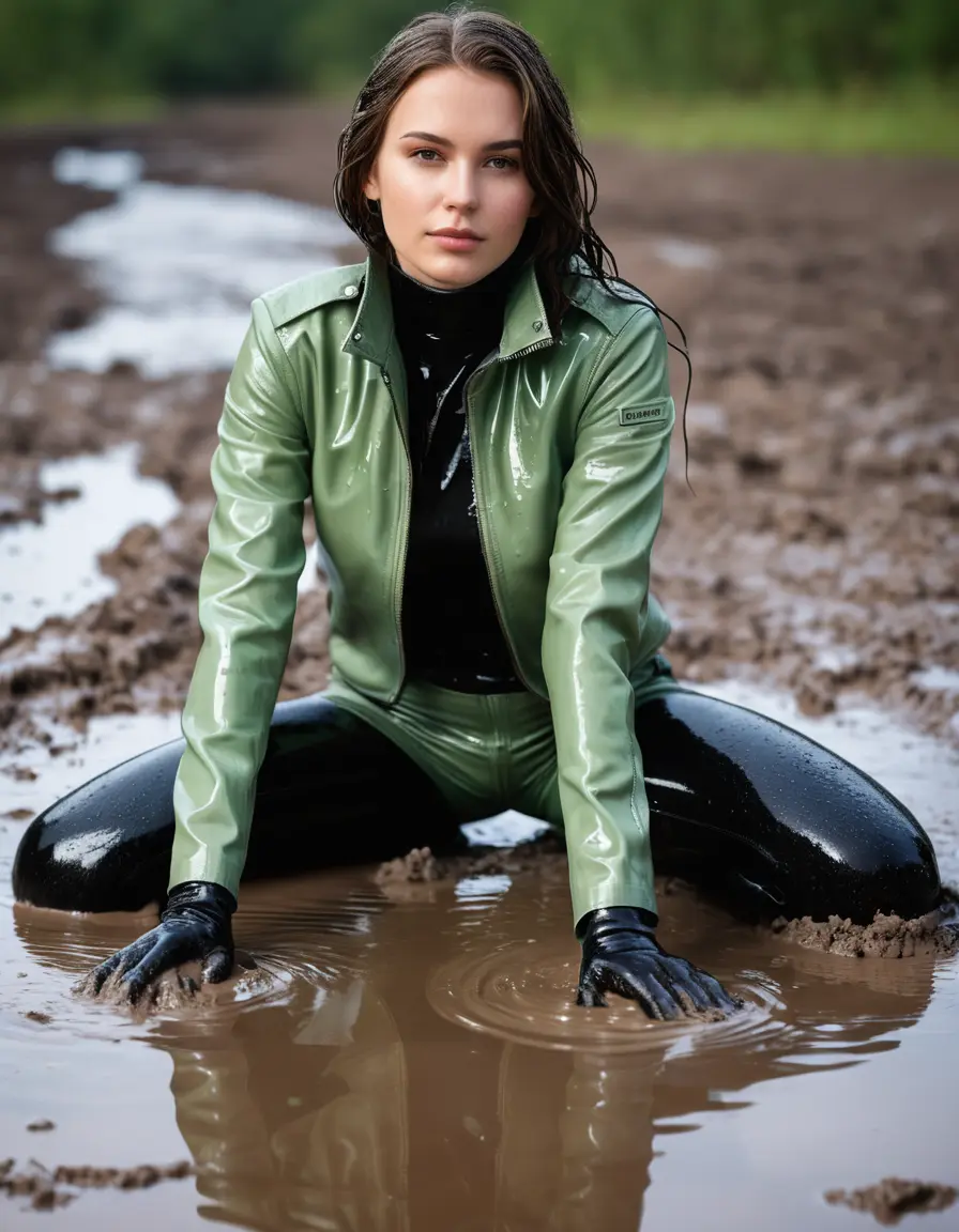 photo of young woman, in soaking wet, drenched clothes,
tight leather boots, skin green white leather jeans, slim fit green biker leather jacket, tight black latex turtleneck sweater,, lying in a mud puddle, covered in mud, 
enjoying, wet clothes stuck to body,
detailed textures of the wet clothes, wet face, wet plastered hair,
wet, drenched, professional, high-quality details, full body view.
sharp focus, ultra-high pixel detail, realistic, high-quality, full colors, incredibly detailed, 4k, 8k, 16k, hyper-realistic, RAW photo, masterpiece, ultra-detailed, professionally color graded, professional photograph, white woman, long dripping wet brown hair