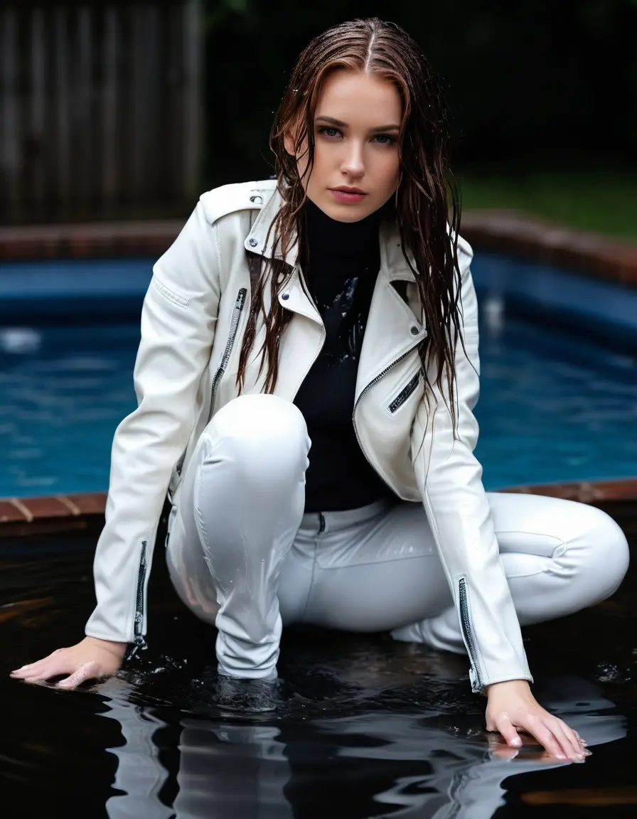 photo of young woman, in soaking wet, drenched clothes,
tight leather boots, skin tight white leather jeans, slim fit white biker leather jacket, tight black latex turtleneck sweater,, submerged backyard pool, heavy rain, night, 
enjoying, wet clothes stuck to body,
detailed textures of the wet clothes, wet face, wet plastered hair,
wet, drenched, professional, high-quality details, full body view.
sharp focus, ultra-high pixel detail, realistic, high-quality, full colors, incredibly detailed, 4k, 8k, 16k, hyper-realistic, RAW photo, masterpiece, ultra-detailed, professionally color graded, professional photograph, white woman, long dripping wet brown hair
