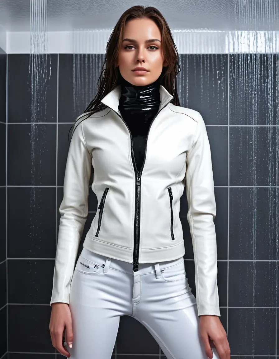 photo of young woman, in soaking wet, drenched clothes,
tight leather boots, skin tight white leather jeans, slim fit white biker leather jacket, tight black latex turtleneck sweater,, in the shower, 
enjoying, wet clothes stuck to body,
detailed textures of the wet clothes, wet face, wet plastered hair,
wet, drenched, professional, high-quality details, full body view.
sharp focus, ultra-high pixel detail, realistic, high-quality, full colors, incredibly detailed, 4k, 8k, 16k, hyper-realistic, RAW photo, masterpiece, ultra-detailed, professionally color graded, professional photograph, white woman, long dripping wet brown hair