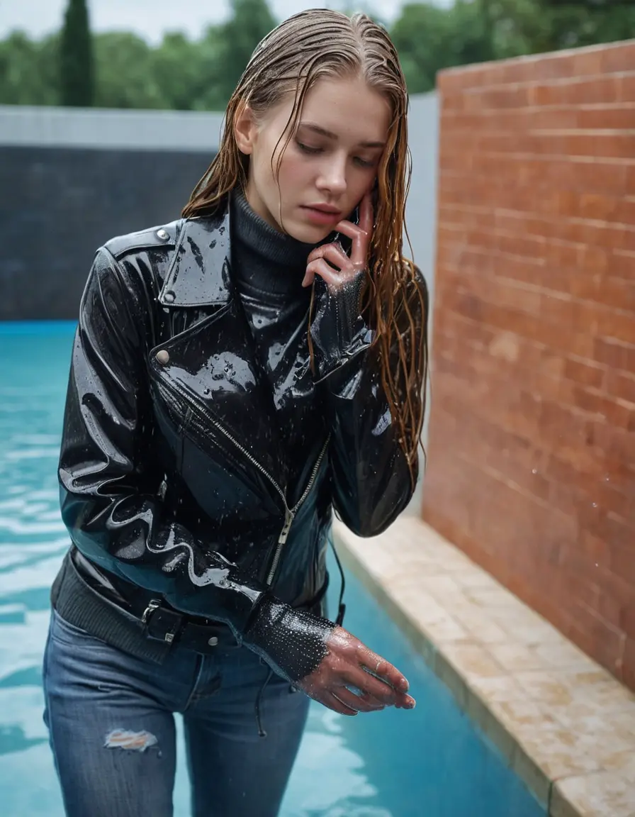 photo of young woman, in soaking wet, drenched clothes,
ankle boots, super skin tight denim jeans, slim fit black biker leatherjacket, tight grey knit turtleneck sweater, handbag , Eighteen years old horny blonde teenage girl with her friends holds her hand over her mouth and nose enter deep the water half submerged from the pool stairs at the edge of the swimming pool, 
enjoying, wet clothes stuck to body,
detailed textures of the wet clothes, wet face, wet plastered hair,
wet, drenched, professional, high-quality details, full body view.
sharp focus, ultra-high pixel detail, realistic, high-quality, full colors, incredibly detailed, 4k, 8k, 16k, hyper-realistic, RAW photo, masterpiece, ultra-detailed, professionally color graded, professional photograph, Eighteen years old, completely soaked, completely dripping wet from head to toe, very wet clothes, sleek long straight hair, worried and embarrassed facial expression, slight yawn, moaning,  all girls wear different styles of clothes, she take a handbag with her into the water, a lot of people stands in the background, close-up, view from above, highly realistic representation, ultra sharp focus, highly photorealistic detailed facial features and expressions, highly photorealistic hands, highly best quality, highly sharp photorealistic image, highly photorealistic details, highest photorealistic wet clothes, full UHD resolution, highest photorealistic sharpness of the image, 32 K