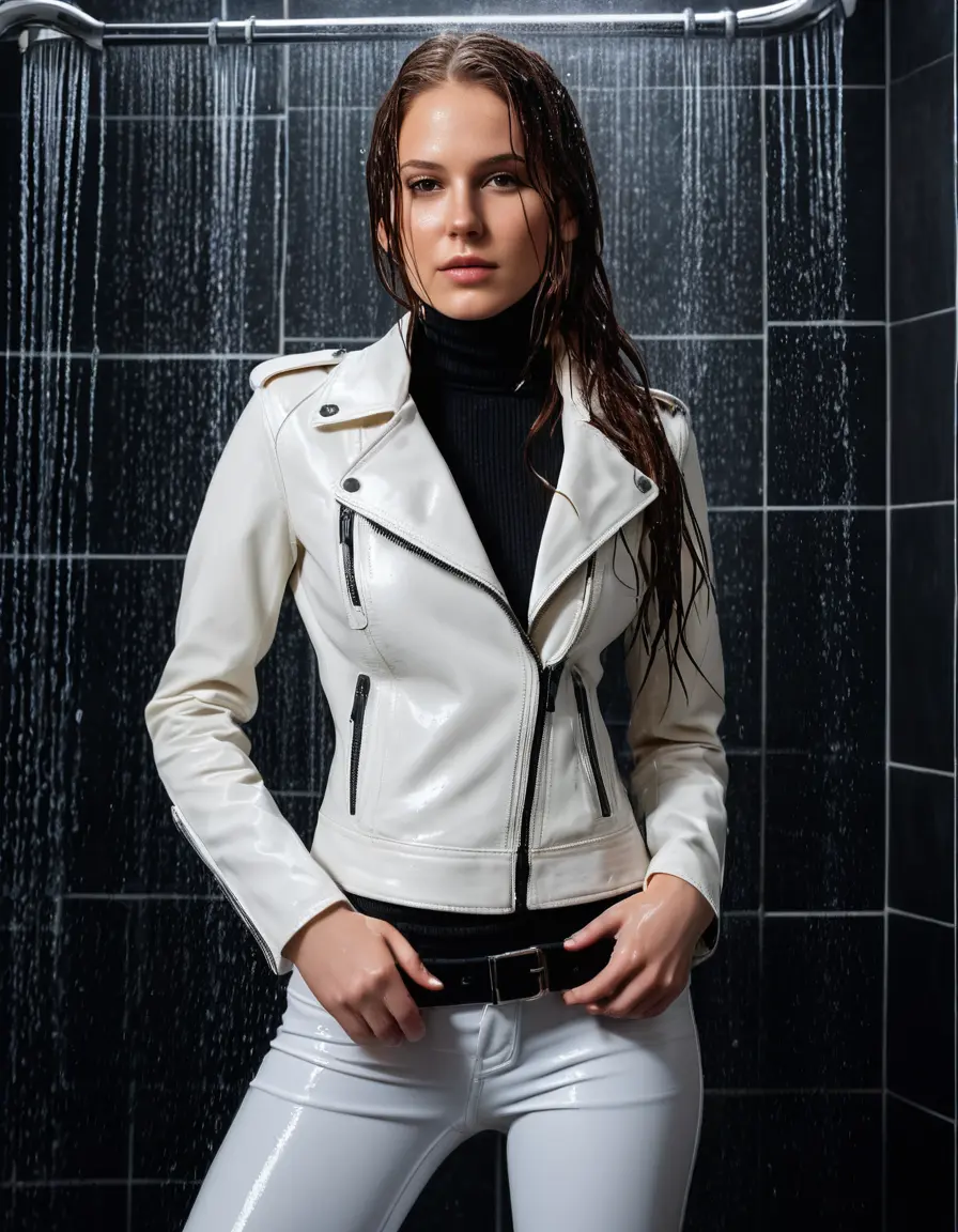 photo of young woman, in soaking wet, drenched clothes,
tight leather boots, skin tight white leather jeans, slim fit white biker leather jacket, tight black latex turtleneck sweater,, in the shower getting drenched with water, 
enjoying, wet clothes stuck to body,
detailed textures of the wet clothes, wet face, wet plastered hair,
wet, drenched, professional, high-quality details, full body view.
sharp focus, ultra-high pixel detail, realistic, high-quality, full colors, incredibly detailed, 4k, 8k, 16k, hyper-realistic, RAW photo, masterpiece, ultra-detailed, professionally color graded, professional photograph, white woman, long dripping wet brown hair