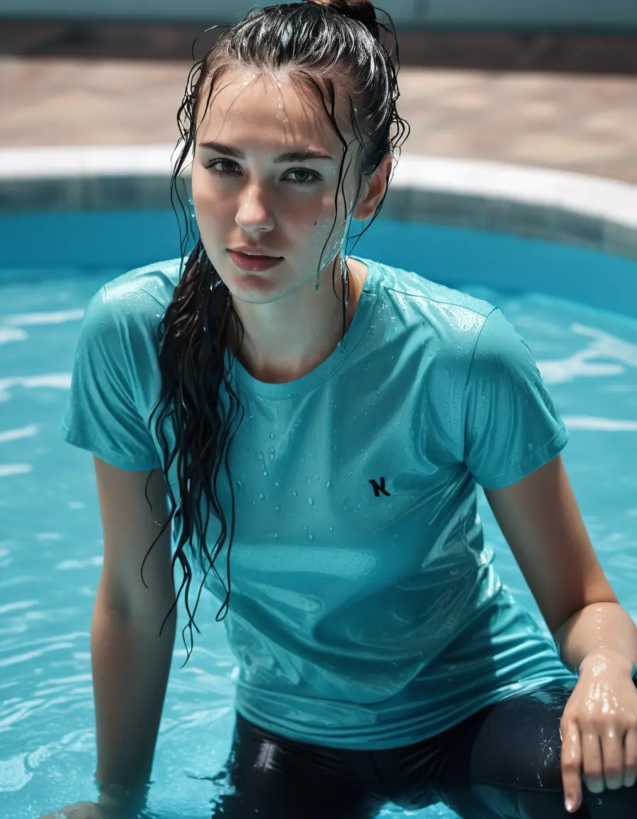 photo of young woman, in soaking wet, drenched clothes,
, Black leggings, Cyan T-shirt, Pool, 
enjoying, wet clothes stuck to body,
detailed textures of the wet clothes, wet face, wet plastered hair,
wet, drenched, professional, high-quality details, full body view.
sharp focus, ultra-high pixel detail, realistic, high-quality, full colors, incredibly detailed, 4k, 8k, 16k, hyper-realistic, RAW photo, masterpiece, ultra-detailed, professionally color graded, professional photograph, Shirt transparent 
