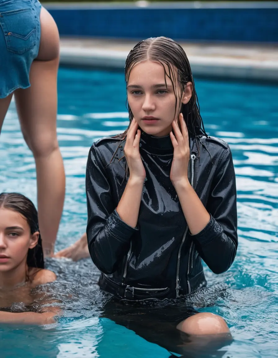 photo of young woman, in soaking wet, drenched clothes,
ankle boots, super skin tight denim jeans, slim fit black biker leatherjacket, tight grey knit turtleneck sweater, handbag , Eighteen years old horny blonde teenage girl with her friends holds her hand over her mouth and nose goes into the water half submerged at the edge of the swimming pool, 
enjoying, wet clothes stuck to body,
detailed textures of the wet clothes, wet face, wet plastered hair,
wet, drenched, professional, high-quality details, full body view.
sharp focus, ultra-high pixel detail, realistic, high-quality, full colors, incredibly detailed, 4k, 8k, 16k, hyper-realistic, RAW photo, masterpiece, ultra-detailed, professionally color graded, professional photograph, Eighteen years old, completely soaked, completely dripping wet from head to toe, very wet clothes, sleek long straight hair, worried and embarrassed facial expression, slight yawn, moaning,  all girls wear different styles of clothes, she take a handbag with her into the water, a lot of people stands in the background, close-up, view from above, highly realistic representation, ultra sharp focus, highly photorealistic detailed facial features and expressions, highly photorealistic hands, highly best quality, highly sharp photorealistic image, highly photorealistic details, highest photorealistic wet clothes, full UHD resolution, highest photorealistic sharpness of the image, 32 K
