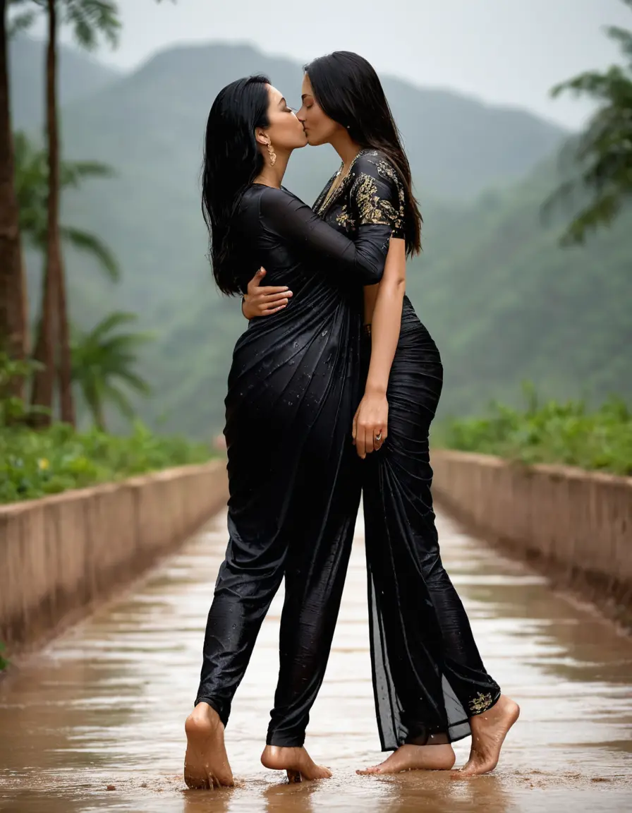 photo of young woman, in soaking wet, drenched clothes,
Stilletto heels, Silk pants, Embroidery,  long black Saree skin tight , Space , kissing another women , 
enjoying, wet clothes stuck to body,
detailed textures of the wet clothes, wet face, wet plastered hair,
wet, drenched, professional, high-quality details, full body view.
sharp focus, ultra-high pixel detail, realistic, high-quality, full colors, incredibly detailed, 4k, 8k, 16k, hyper-realistic, RAW photo, masterpiece, ultra-detailed, professionally color graded, professional photograph, Straight open  wavy hairstyle , , pear shaped body,  wrist watch, thin necklace t ,  , no make up, 