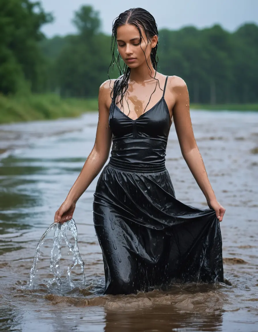 photo of young woman, in soaking wet, drenched clothes,
long satin black skirt, , 
enjoying, wet clothes stuck to body,
detailed textures of the wet clothes, wet face, wet plastered hair,
wet, drenched, professional, high-quality details, full body view.
sharp focus, ultra-high pixel detail, realistic, high-quality, full colors, incredibly detailed, 4k, 8k, 16k, hyper-realistic, RAW photo, masterpiece, ultra-detailed, professionally color graded, professional photograph