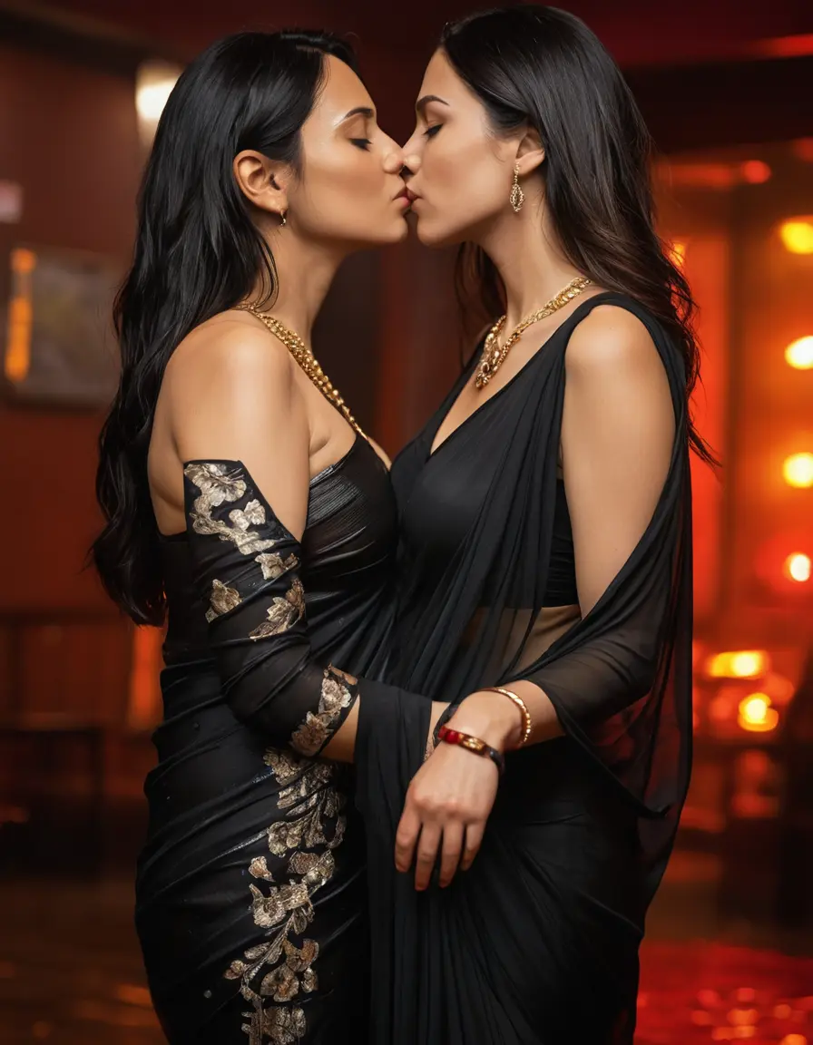 photo of young woman, in soaking wet, drenched clothes,
Stilletto heels, Silk pants, Embroidery,  long black Saree skin tight , Strip club, kissing another women , 
enjoying, wet clothes stuck to body,
detailed textures of the wet clothes, wet face, wet plastered hair,
wet, drenched, professional, high-quality details, full body view.
sharp focus, ultra-high pixel detail, realistic, high-quality, full colors, incredibly detailed, 4k, 8k, 16k, hyper-realistic, RAW photo, masterpiece, ultra-detailed, professionally color graded, professional photograph, Straight open  wavy hairstyle , , pear shaped body,  wrist watch, thin necklace 