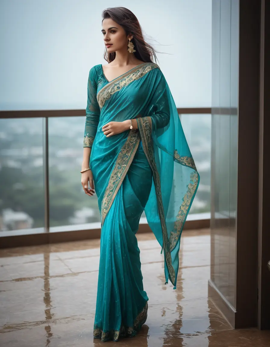 photo of young woman, in soaking wet, drenched clothes,
Stilletto heels, Half Saree,    Saree skin tight , full sleeve, Luxury pent house, womens , 
enjoying, wet clothes stuck to body,
detailed textures of the wet clothes, wet face, wet plastered hair,
wet, drenched, professional, high-quality details, full body view.
sharp focus, ultra-high pixel detail, realistic, high-quality, full colors, incredibly detailed, 4k, 8k, 16k, hyper-realistic, RAW photo, masterpiece, ultra-detailed, professionally color graded, professional photograph, Long Straight open  wavy hairstyle , ,  wrist watch, 